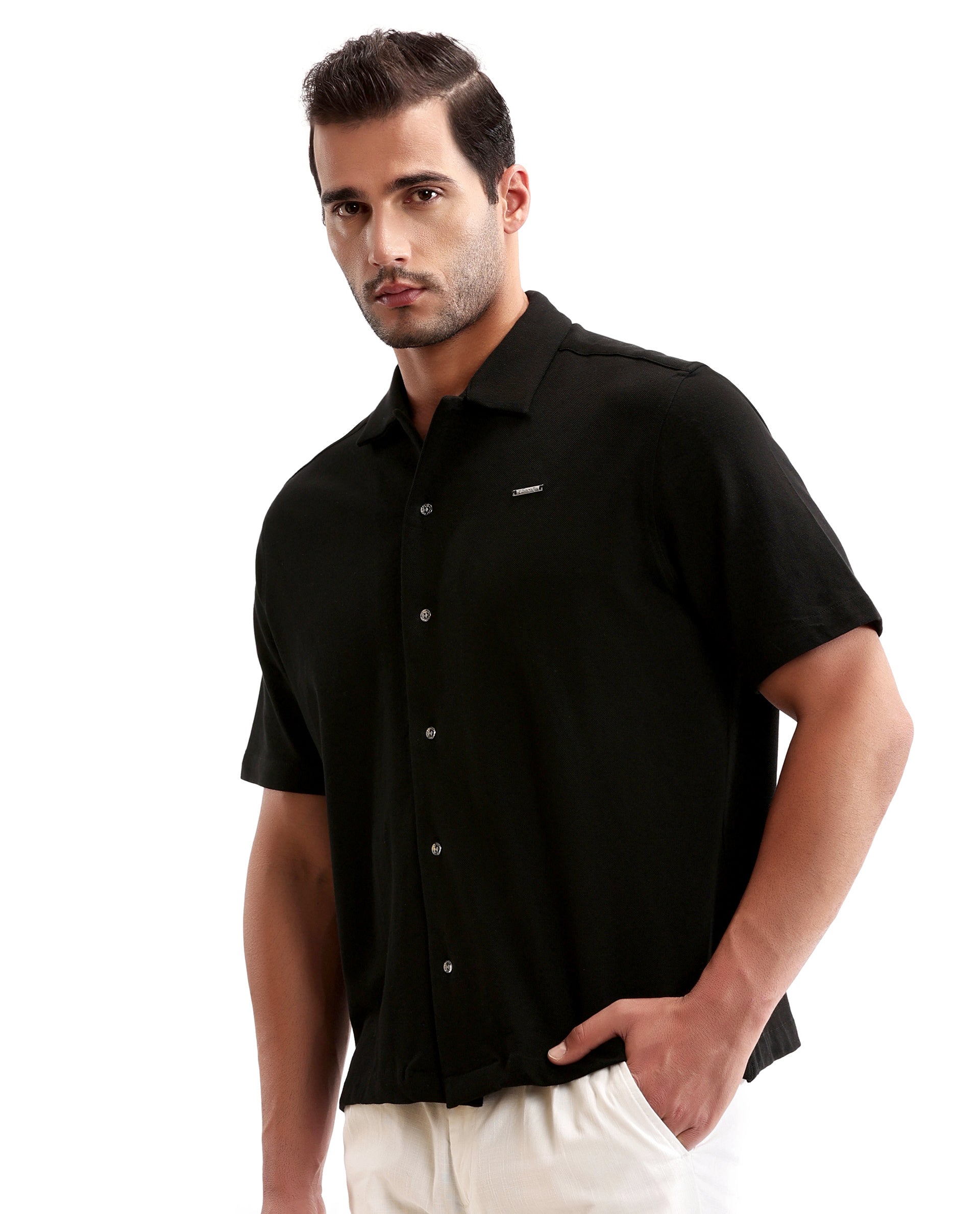 Charcoal Black Pique Knit Shirt with 7C Metal Buttons, Gun Metal Badge