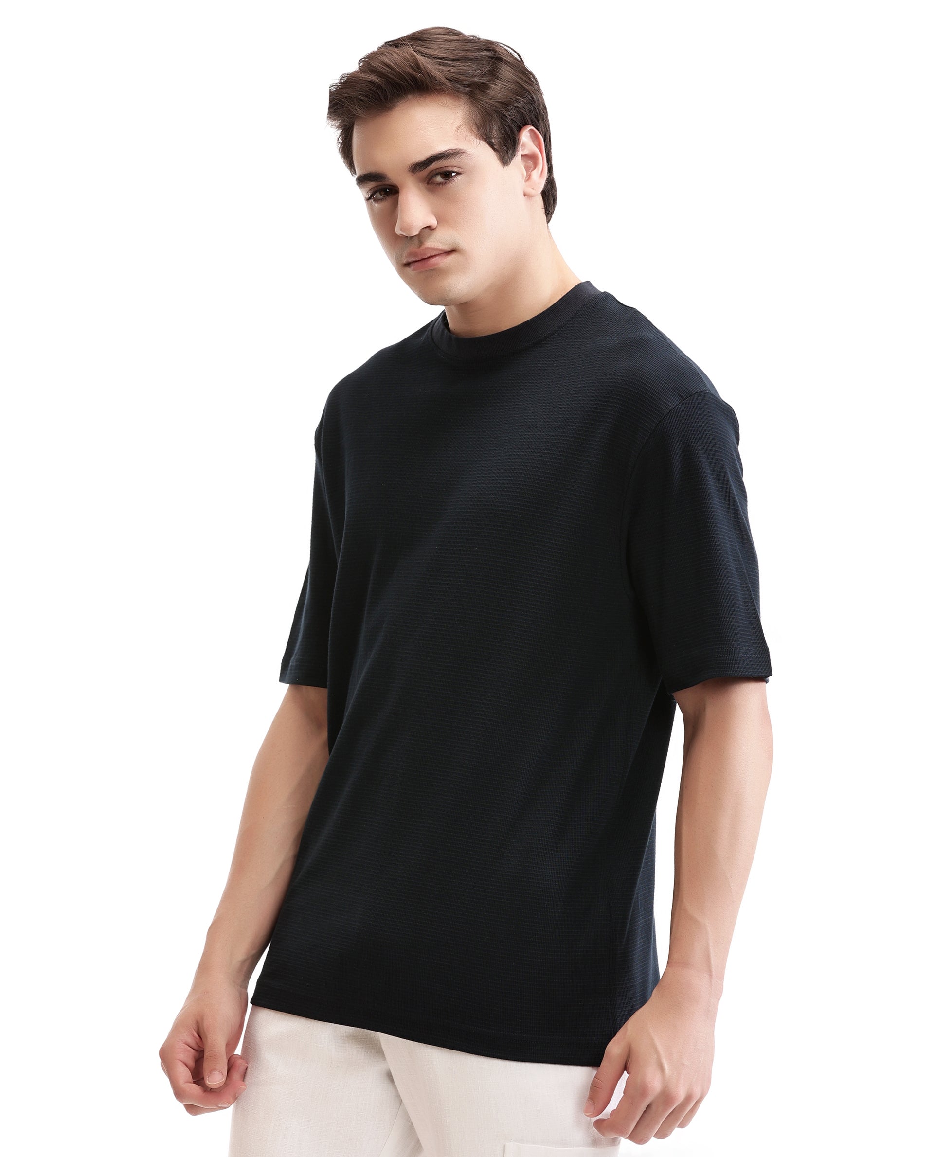 Midnight Navy Blue Knitted Waffle Crew Neck Oversized T-Shirt