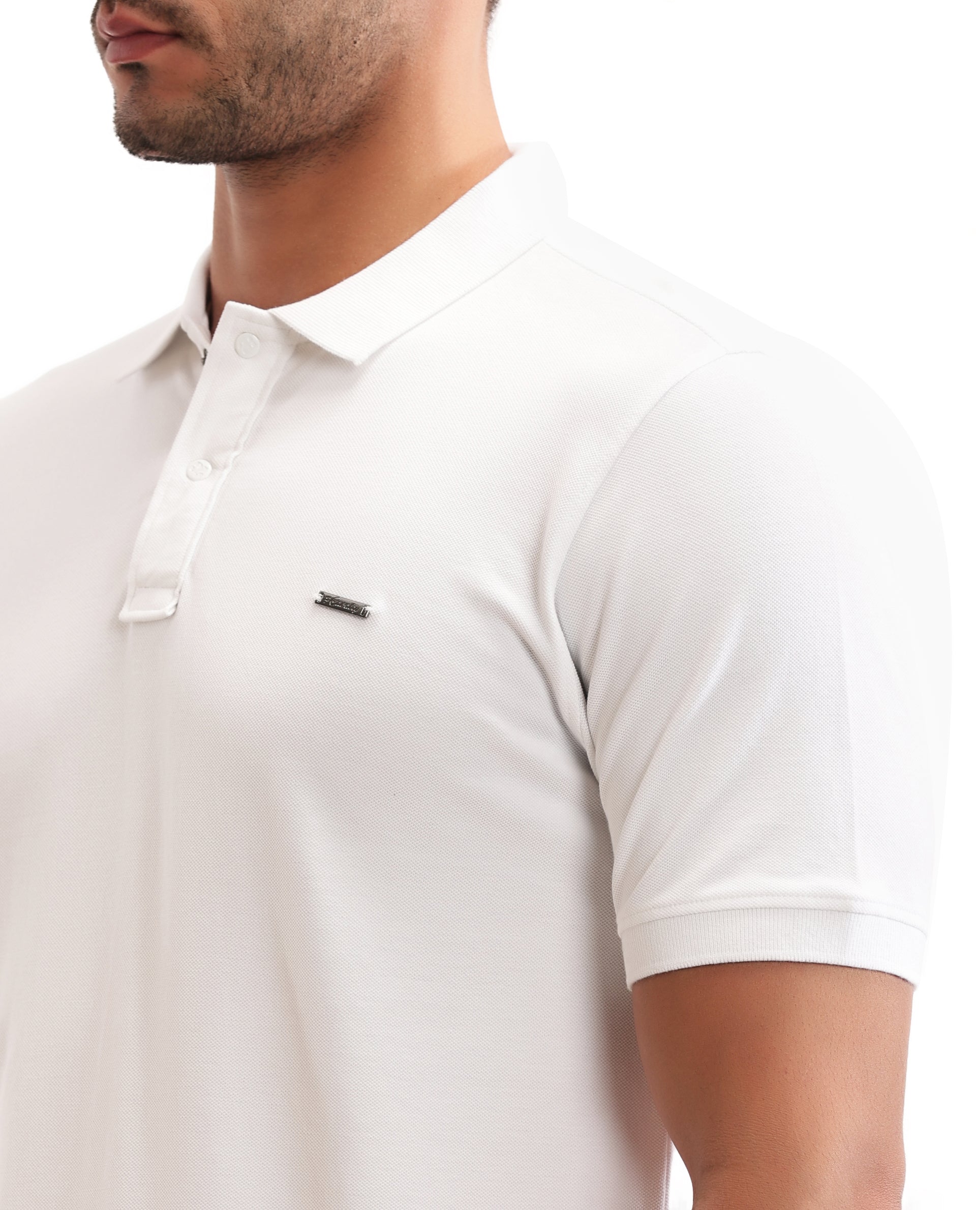 Pure White Pique Polo with 7C Snap Buttons, Metal Badge