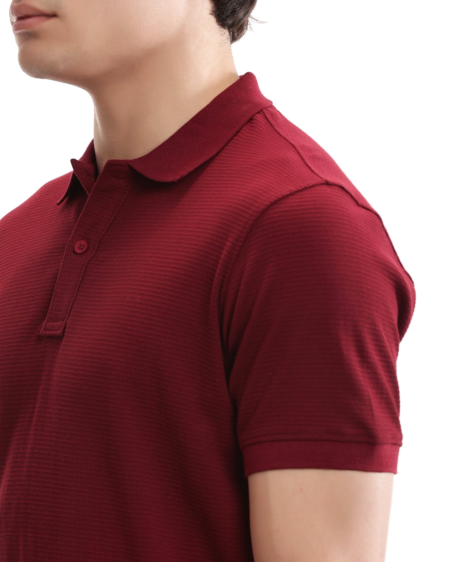 Bordeaux Maroon Knitted Waffle Polo with Ribbed Collar