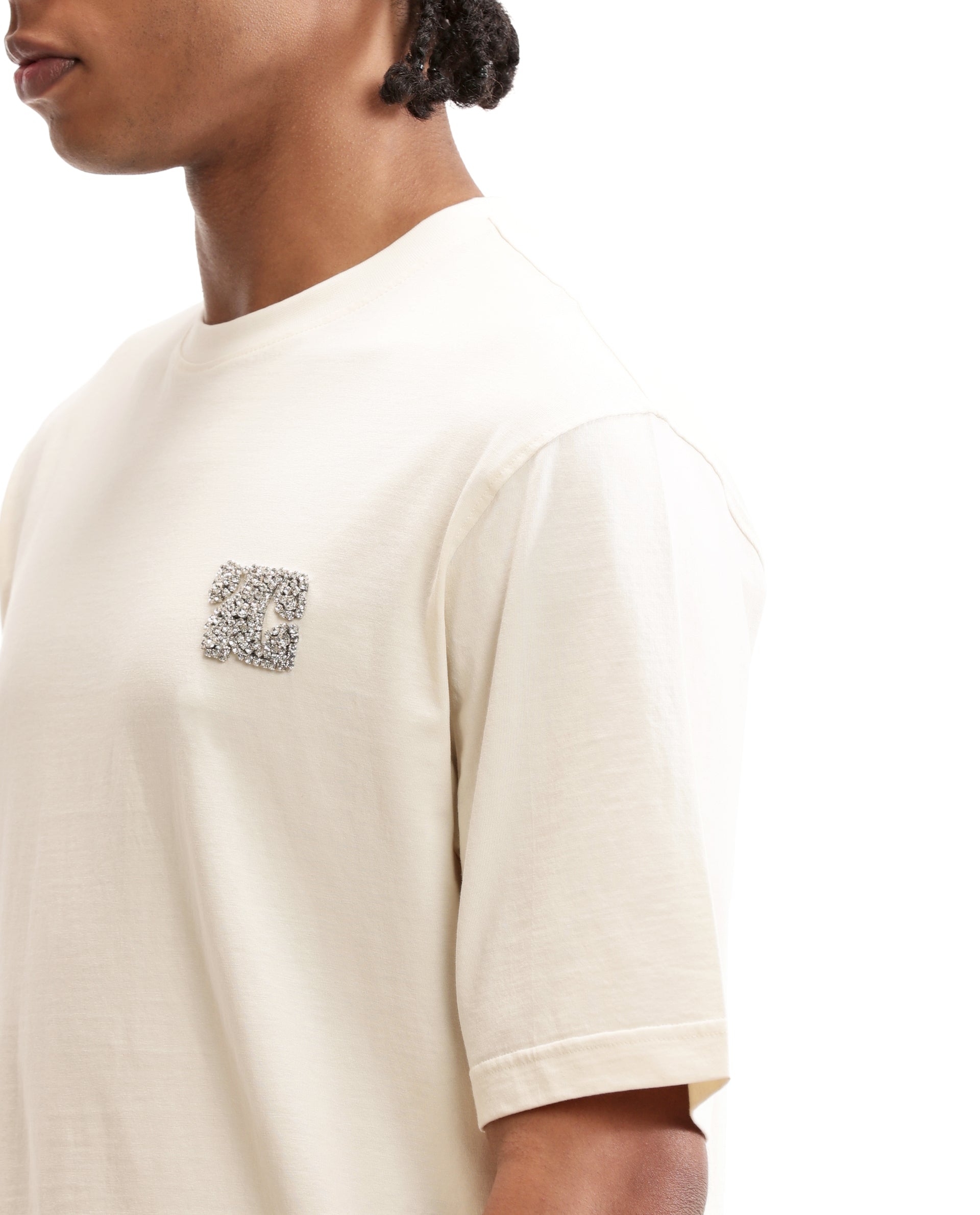 Ivory White Single Jersey Crew Neck Oversized T-Shirt with Crystal Finish Rhinestones