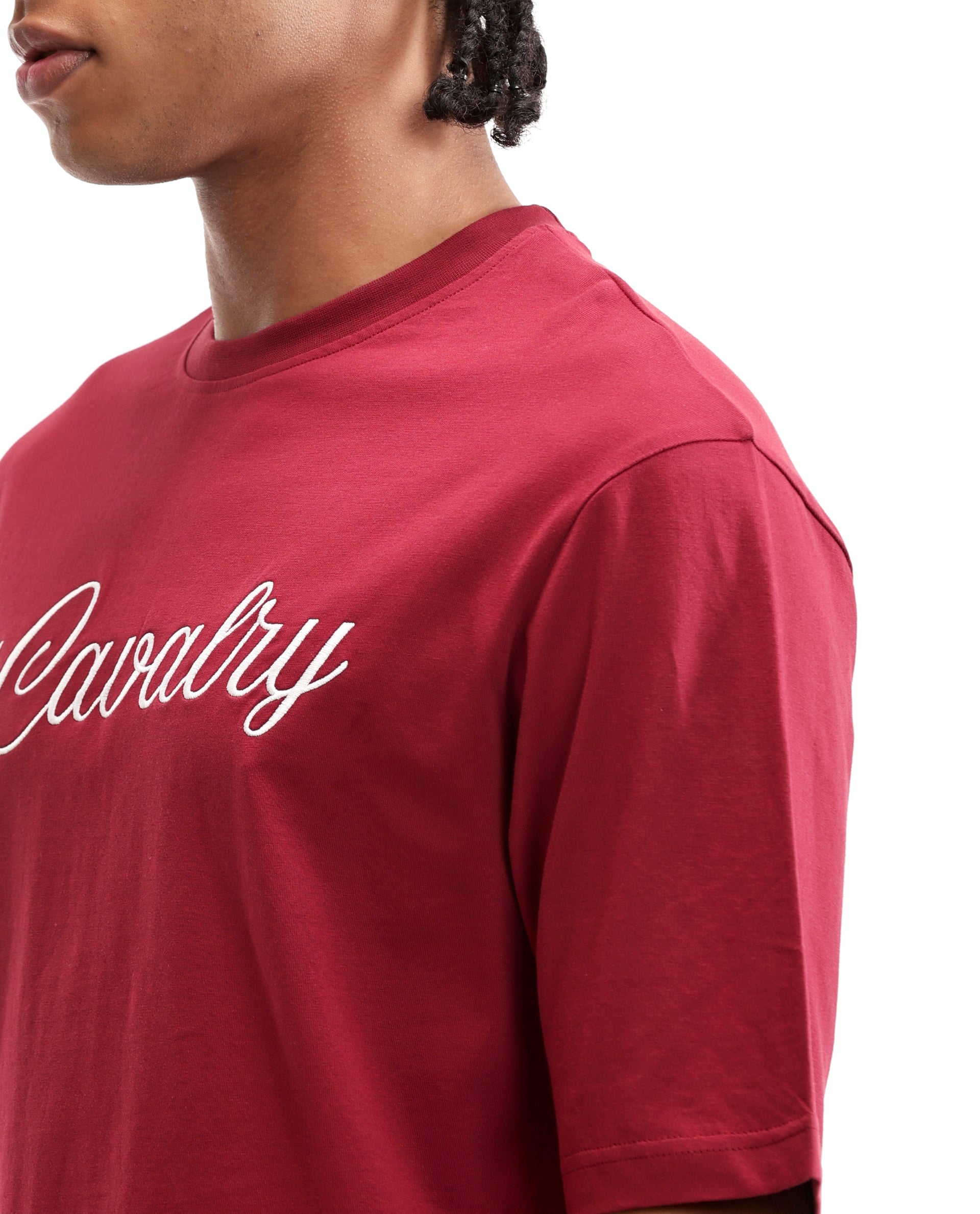Bordeaux Maroon Single Jersey Crew Neck Oversized T-Shirt with Pure White Embroidery