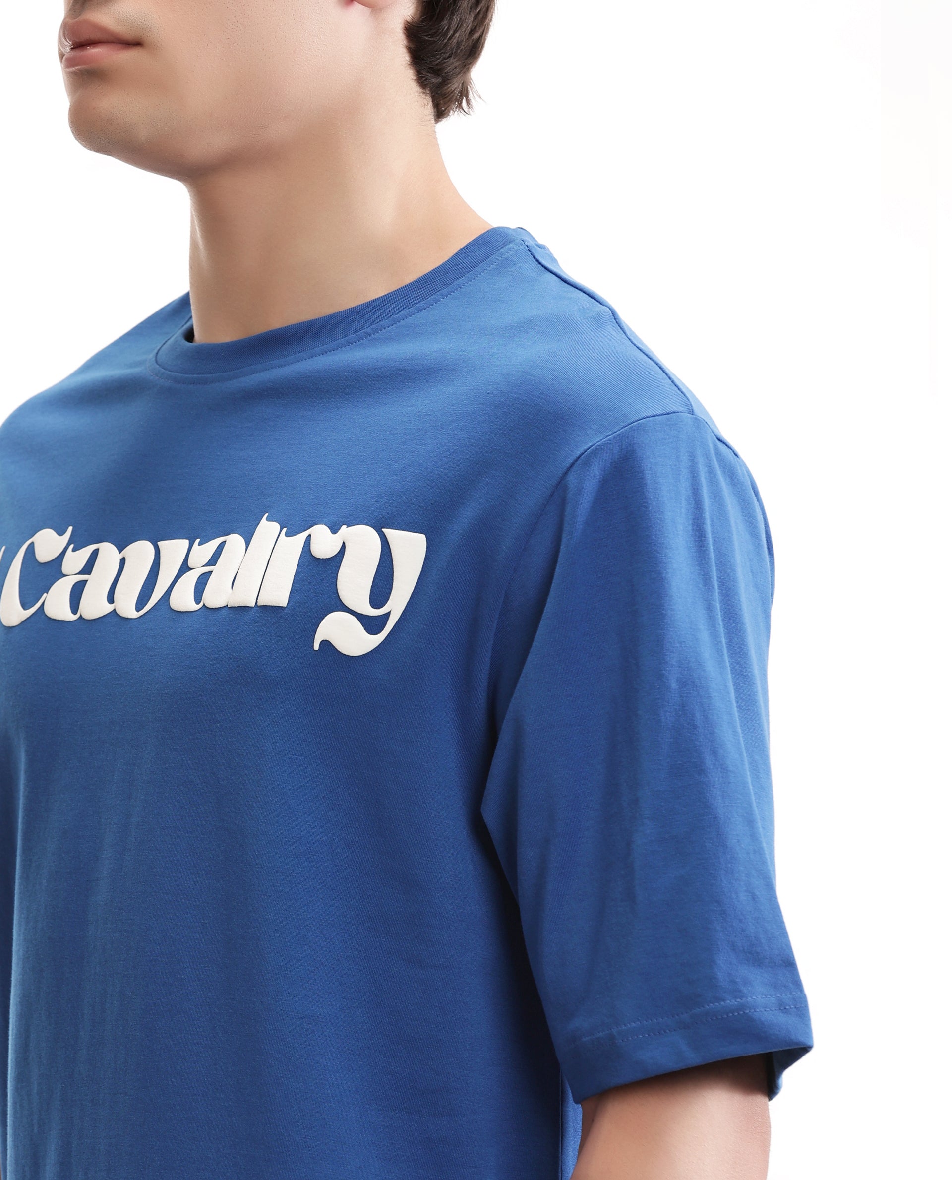 Imperial Prussian Blue Single Jersey Crew Neck Oversized T-Shirt with Pure White Puff Print