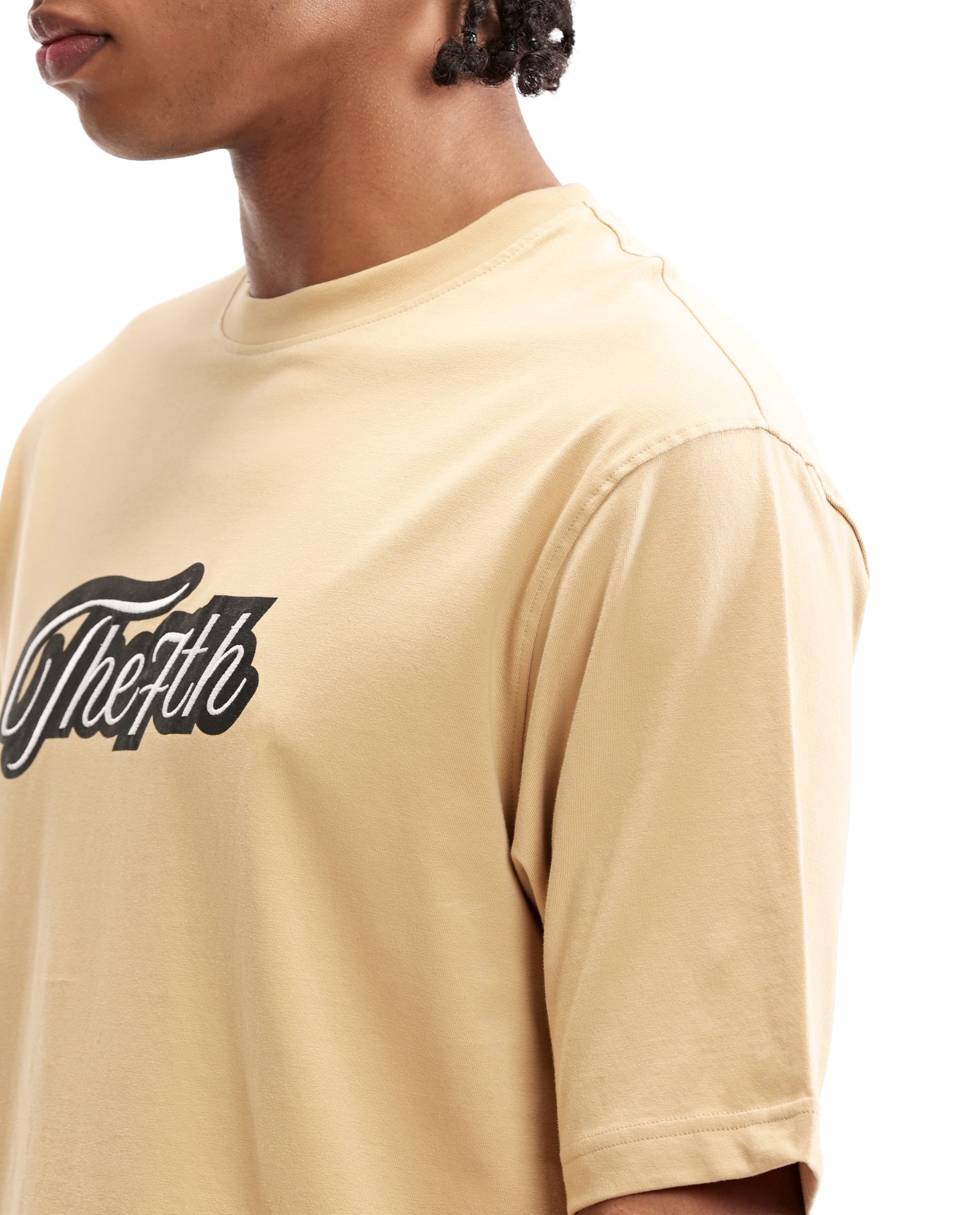 Camel Beige Single Jersey Crew Neck Oversized T-Shirt with Black Print & Pure White 7C Embroidery