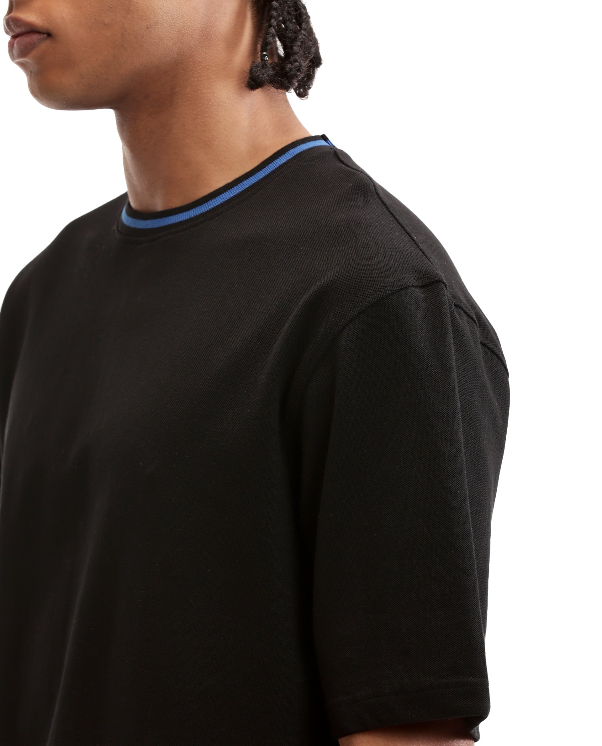 Charcoal Black Pique Crew Neck Oversized T-Shirt with Imperial Prussian Blue Piping
