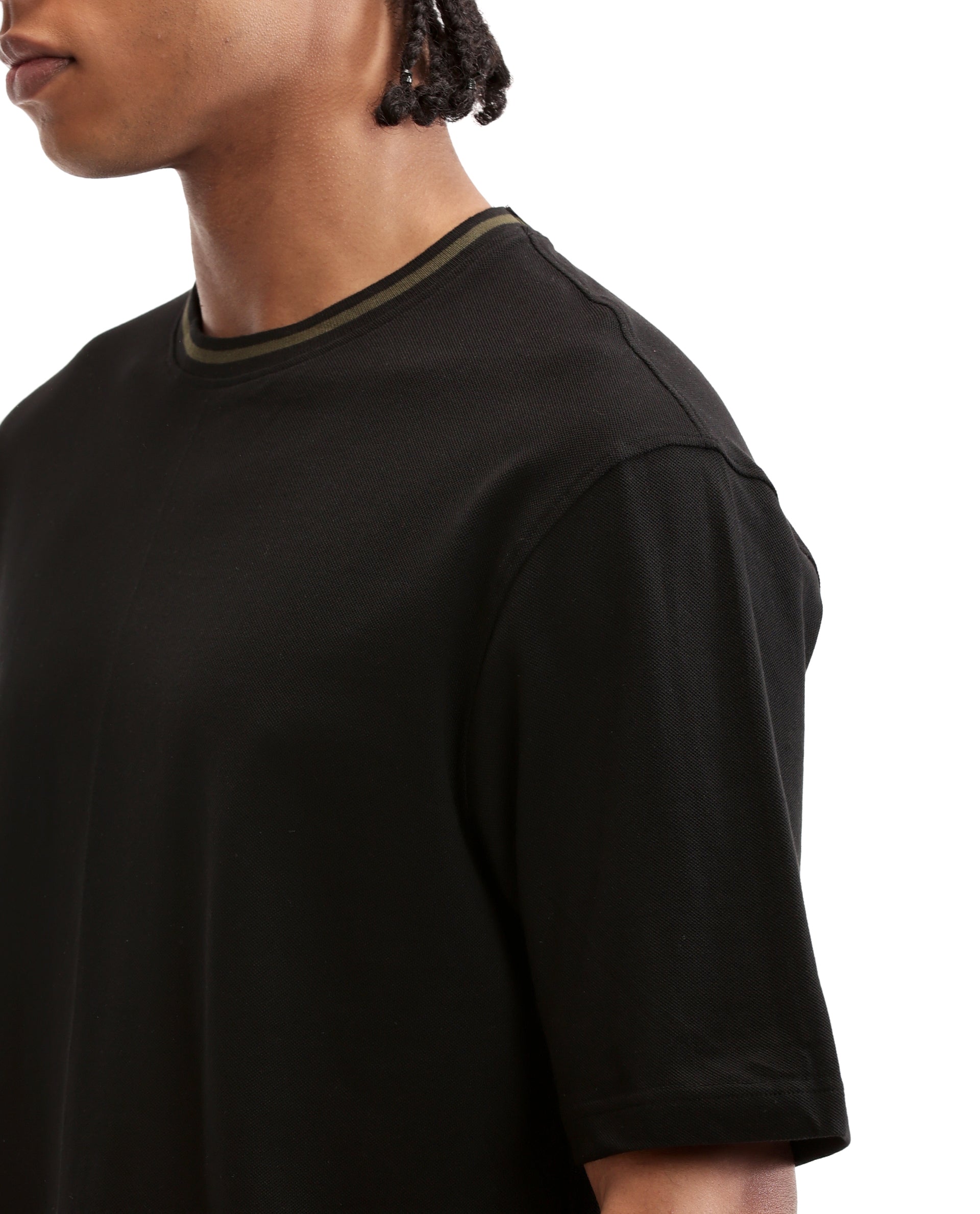 Charcoal Black Pique Crew Neck Oversized T-Shirt with Vintage Olive Piping