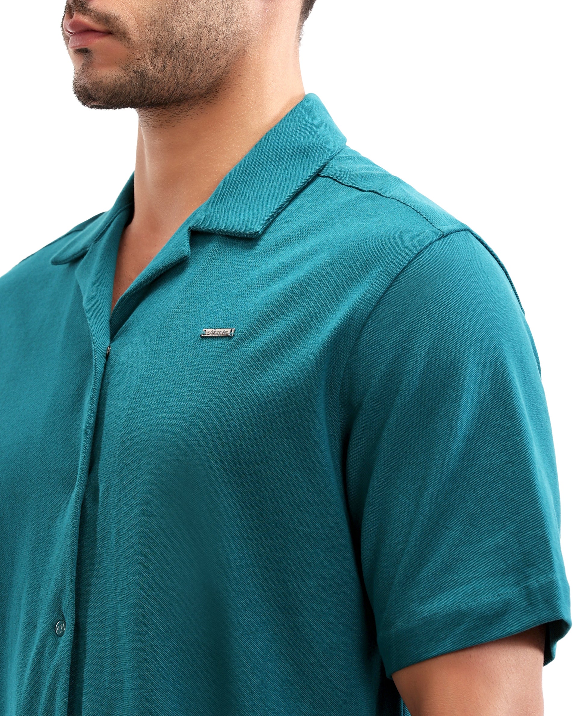 Ocean Teal Pique Knit Shirt with 7C Engraved Snap Buttons, Gun Metal Badge