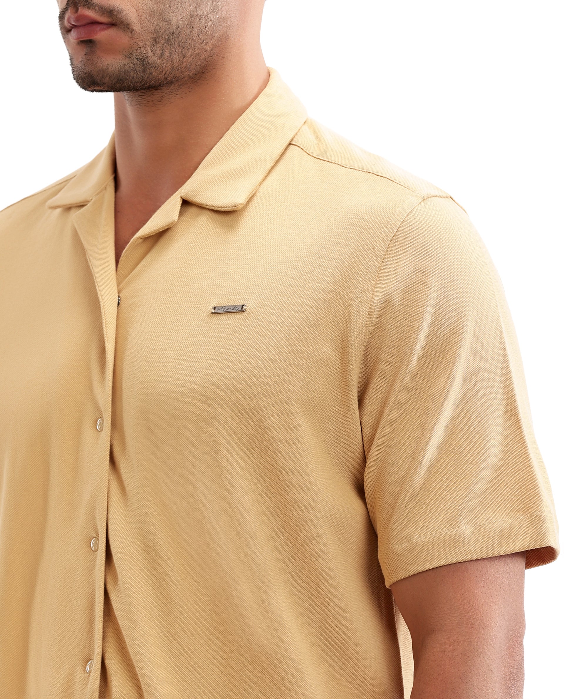 Camel Beige Pique Knit Shirt with 7C Engraved Snap Buttons, Gun Metal Badge