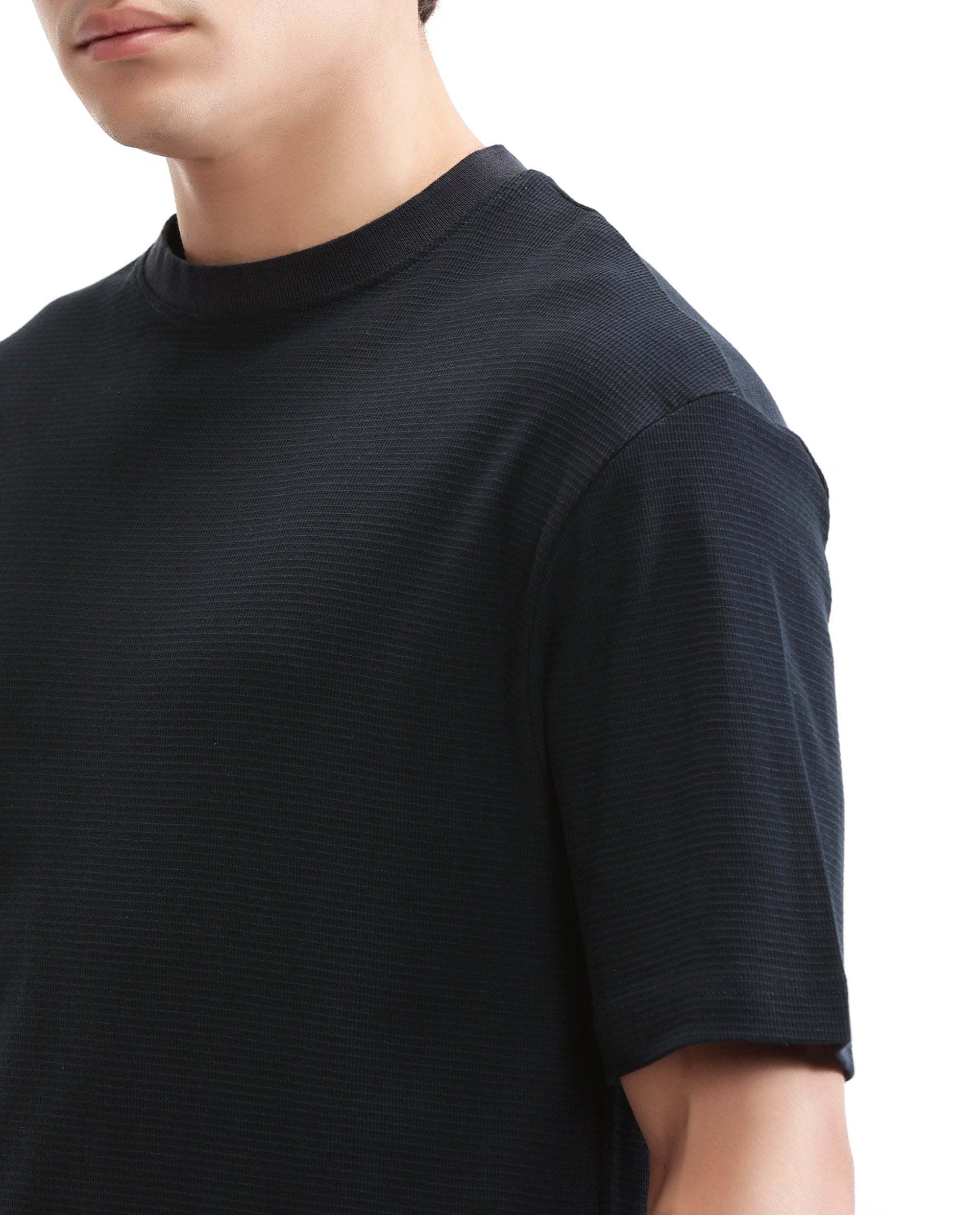 Midnight Navy Blue Knitted Ottoman Crew Neck Oversized T-Shirt