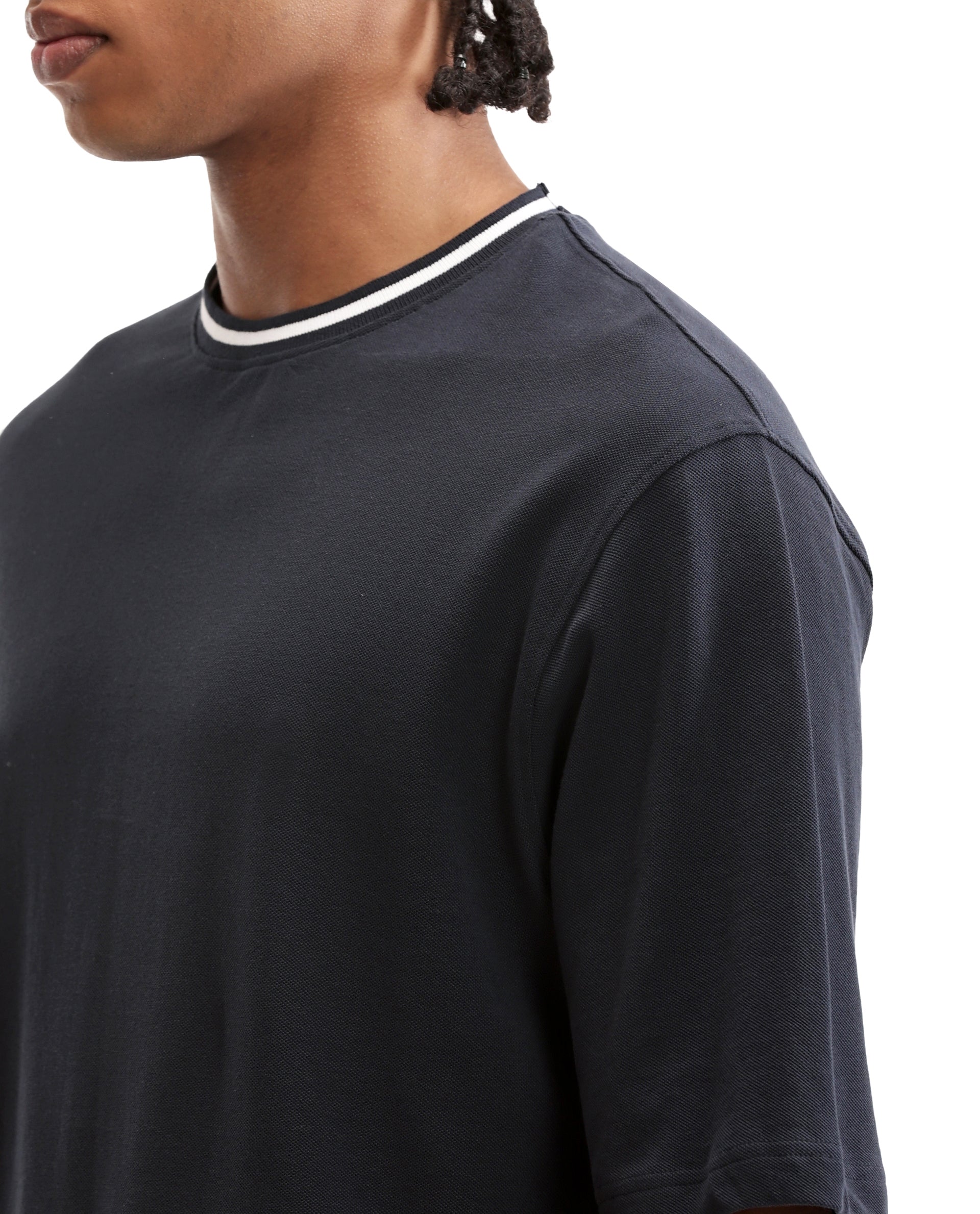 Midnight Navy Blue Pique Crew Neck Oversized T-Shirt with Pure White Piping