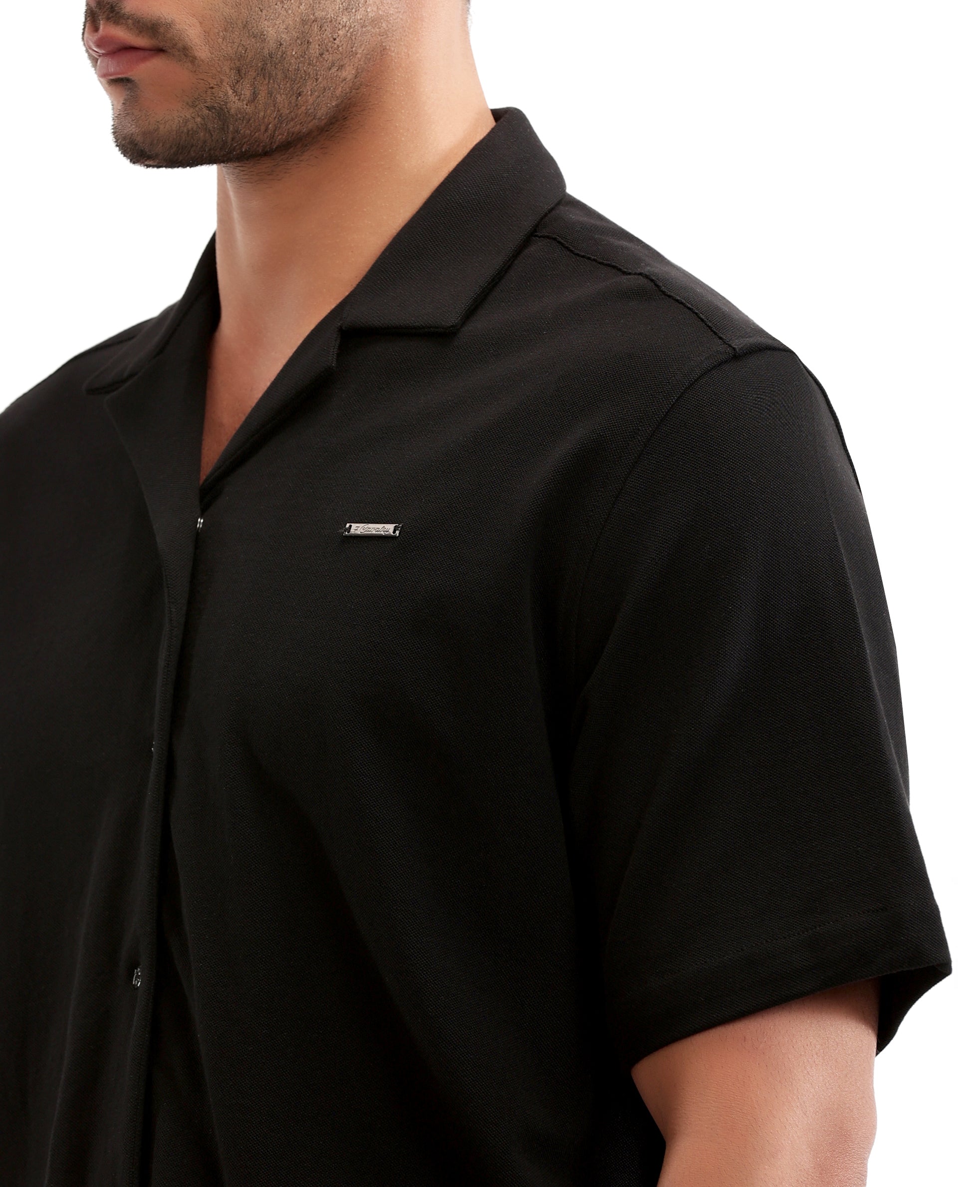 Charcoal Black Pique Knit Shirt with 7C Engraved Snap Buttons, Gun Metal Badge