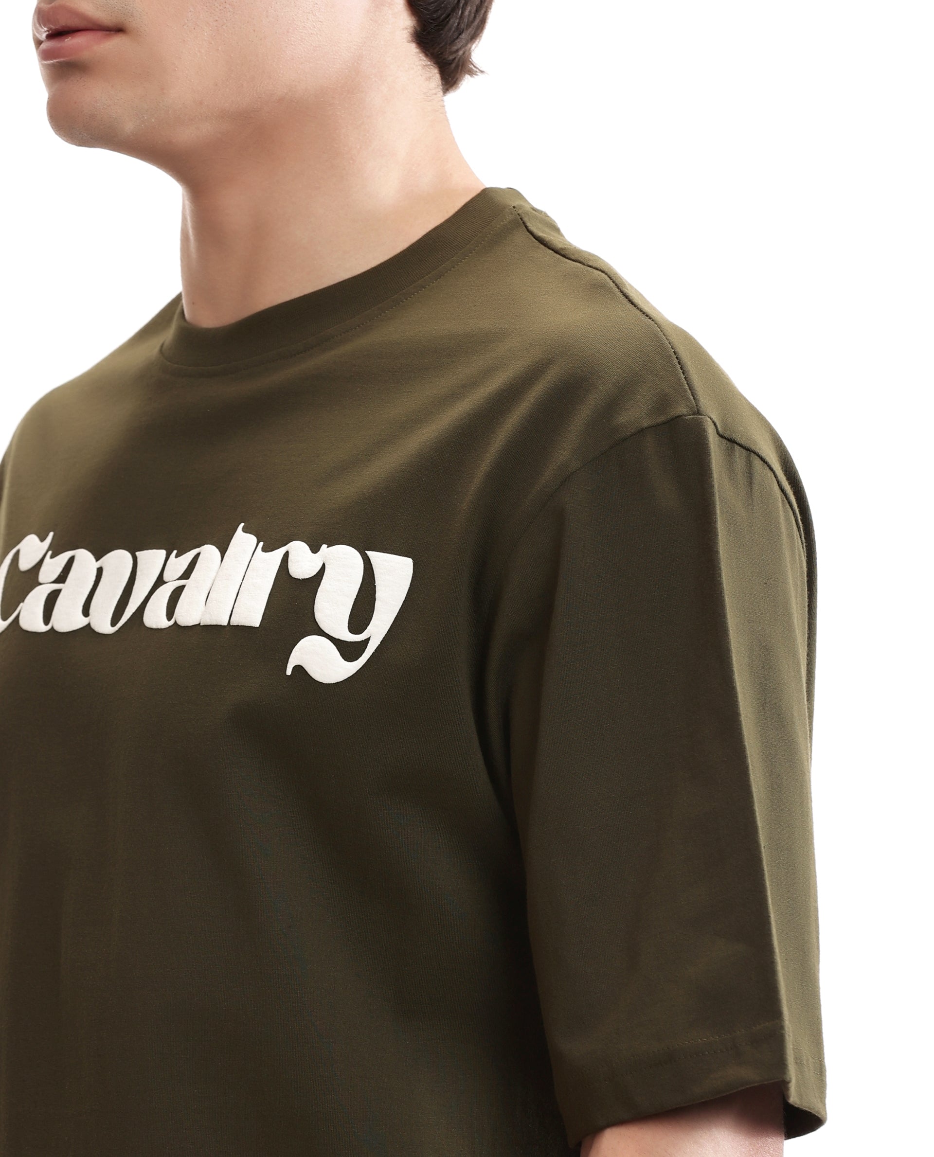 Vintage Olive Single Jersey Crew Neck Oversized T-Shirt with Pure White Puff Print