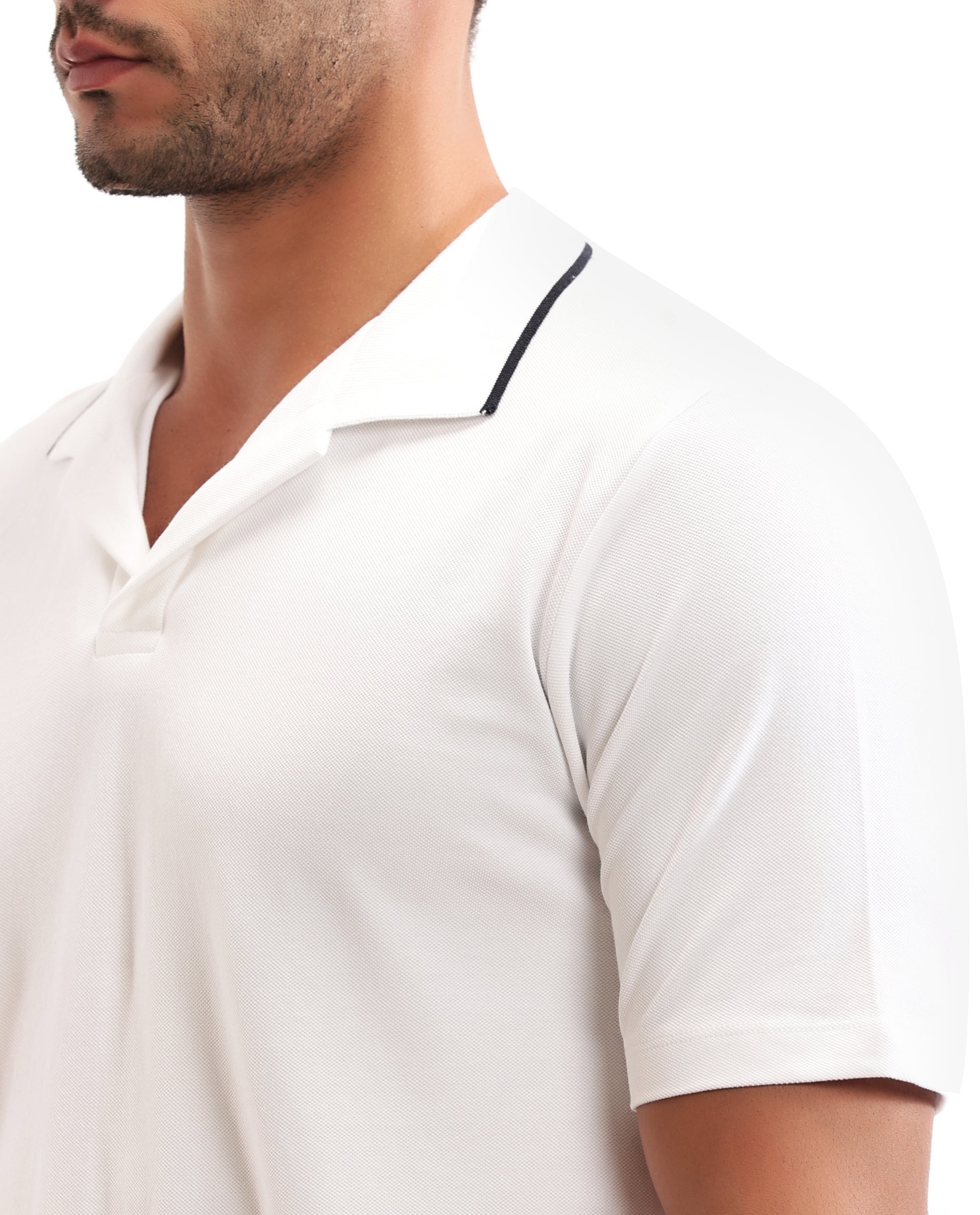 Pure White Johnny Collar Pique Polo with Midnight Navy Blue Collar Piping