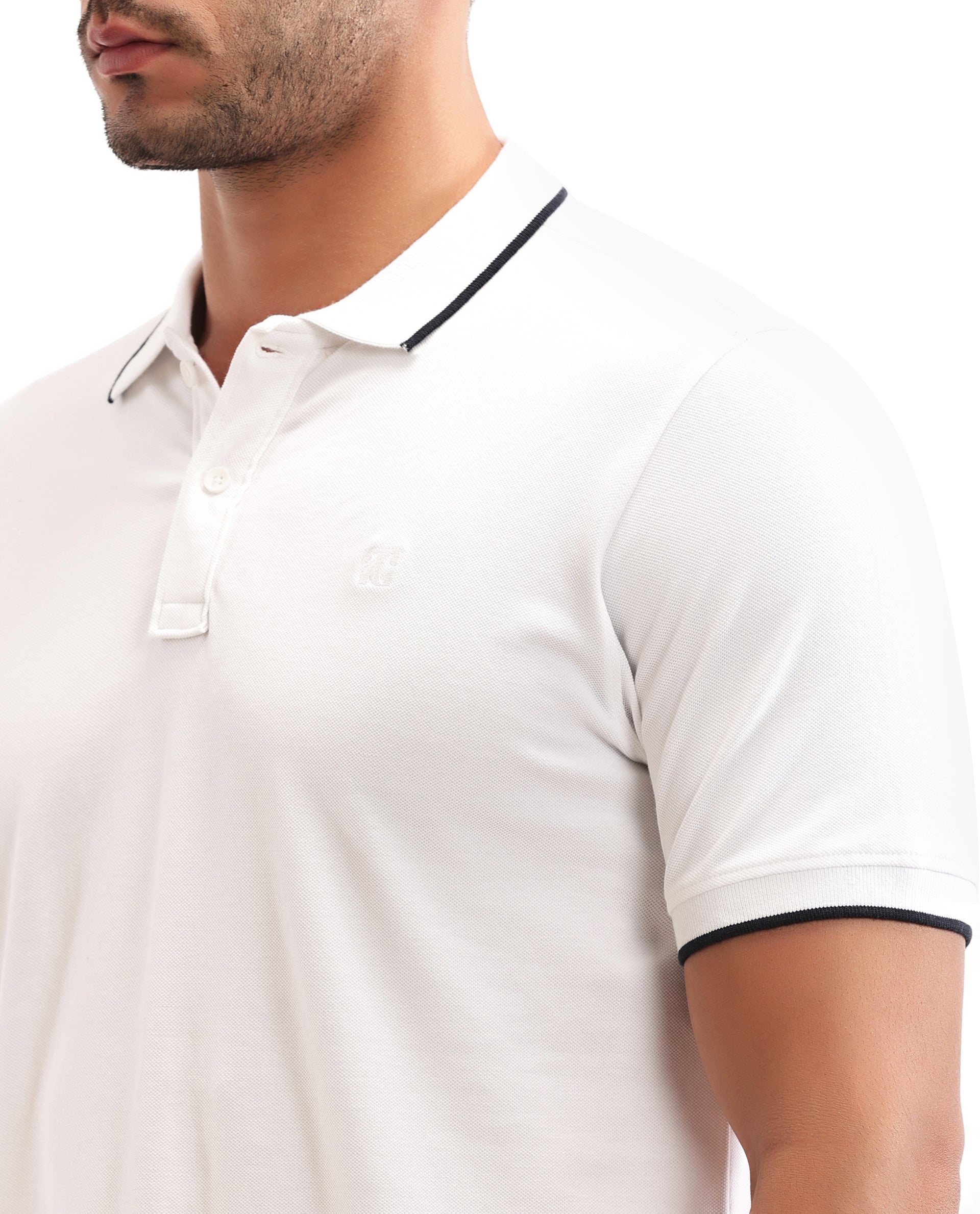 Pure White Pique Polo with Midnight Navy Blue Collar Piping, Tone-on-Tone 7C Embroidery