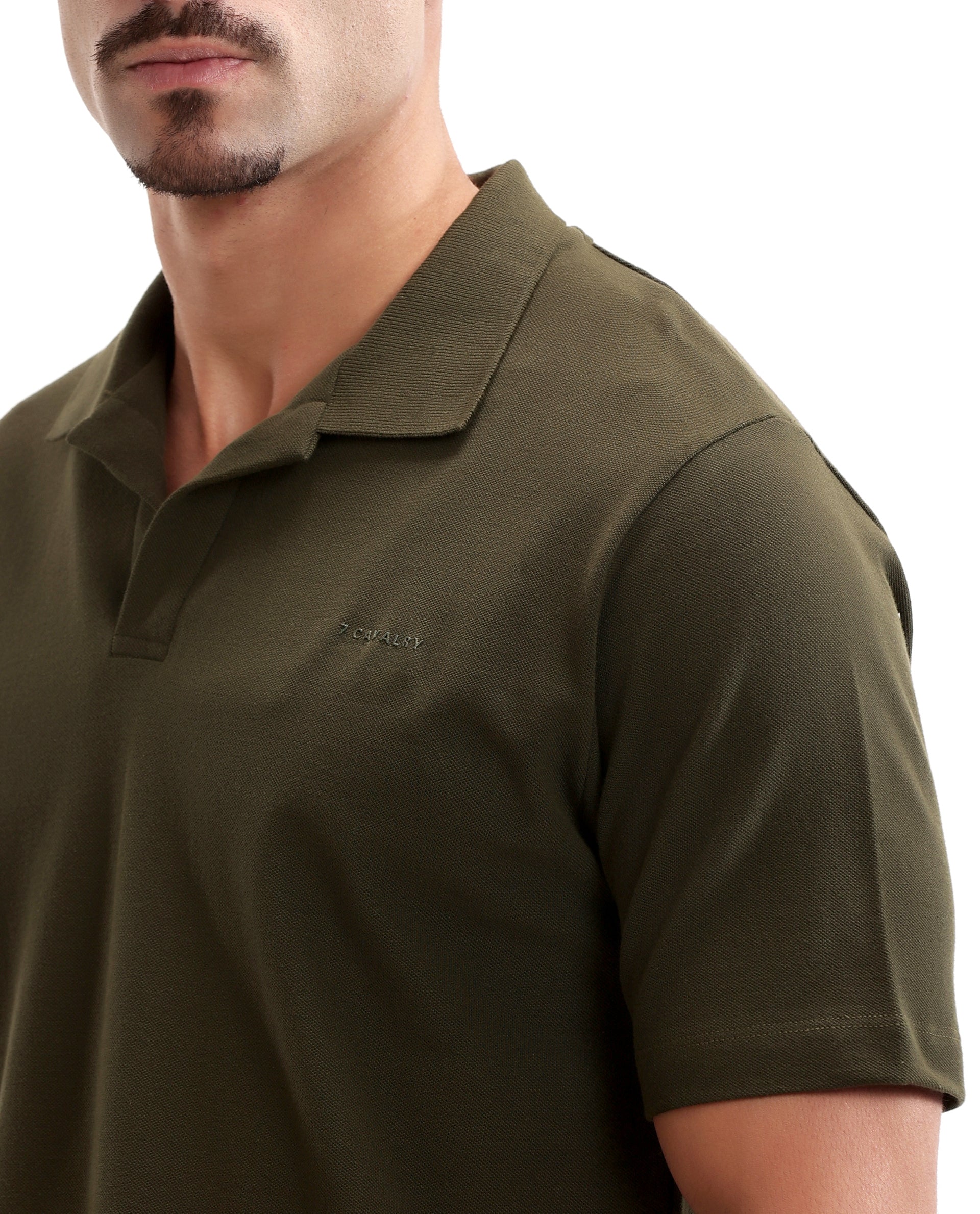 Vintage Olive Pique Johnny Collar Polo with HD Print