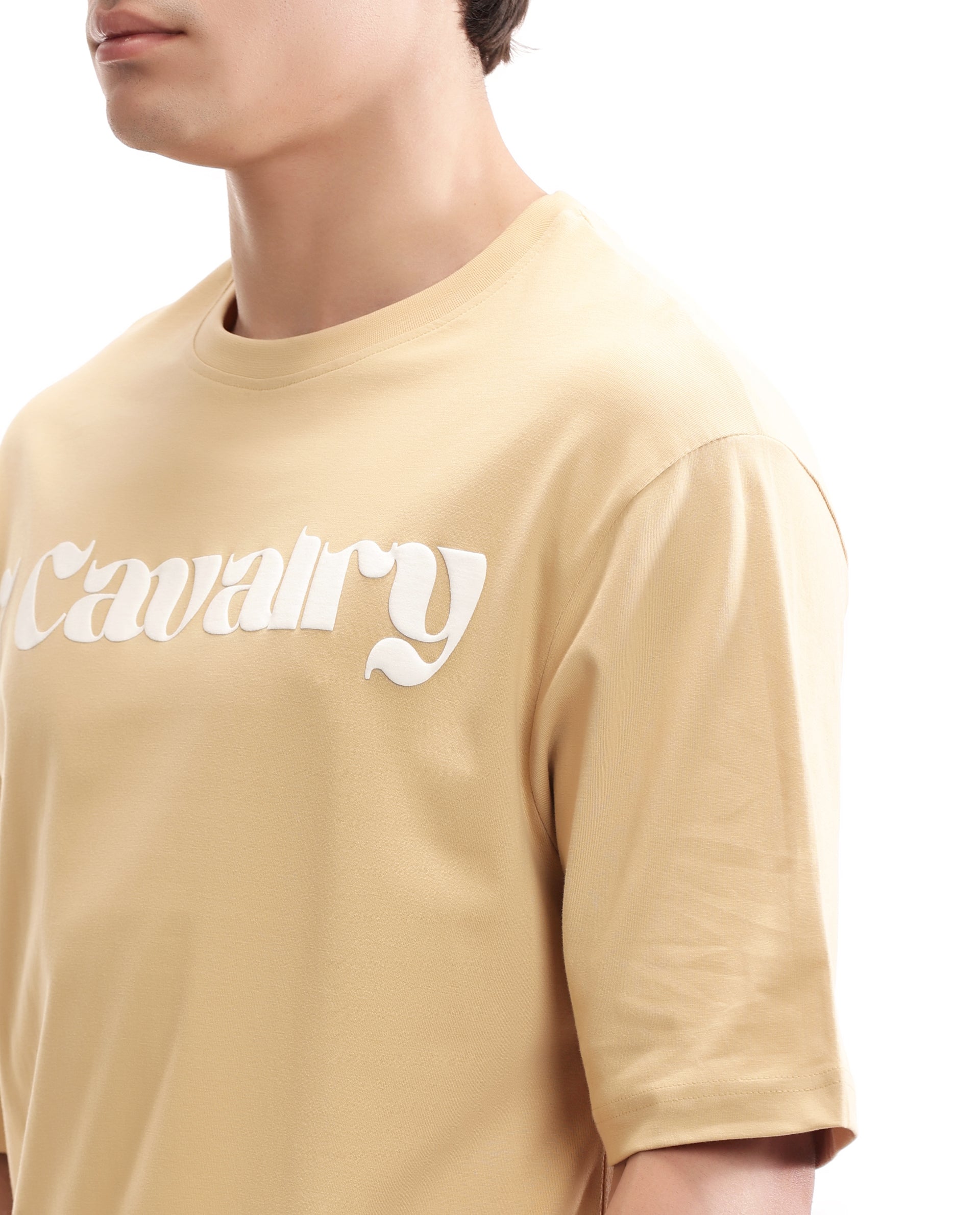 Camel Beige Single Jersey Crew Neck Oversized T-Shirt with Pure White Puff Print
