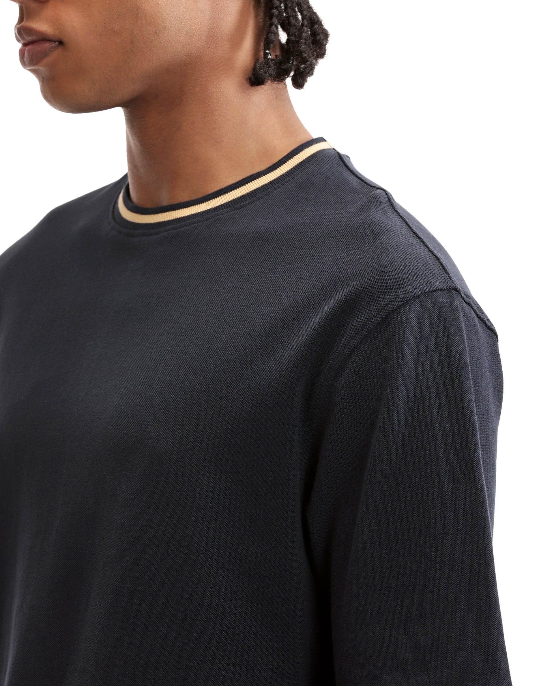 Midnight Navy Blue Pique Crew Neck Oversized T-Shirt with Camel Beige Piping