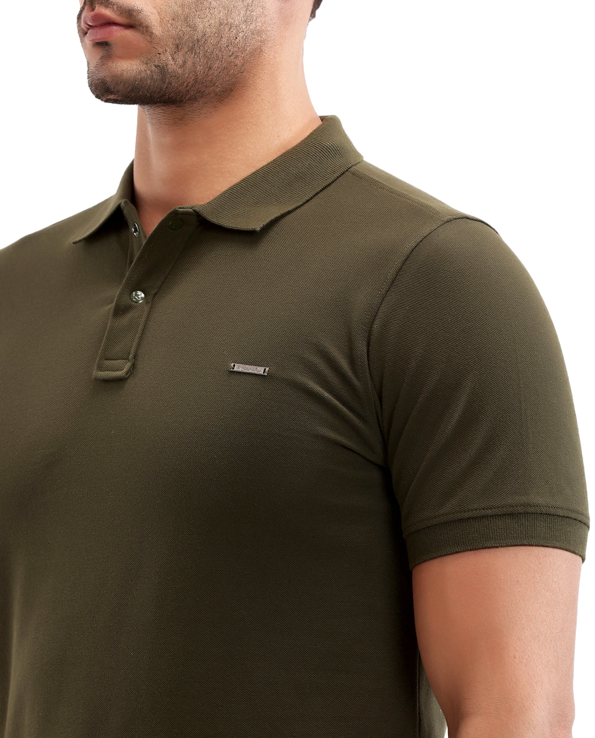 Vintage Olive Pique Polo with 7C Snap Buttons, Metal Badge
