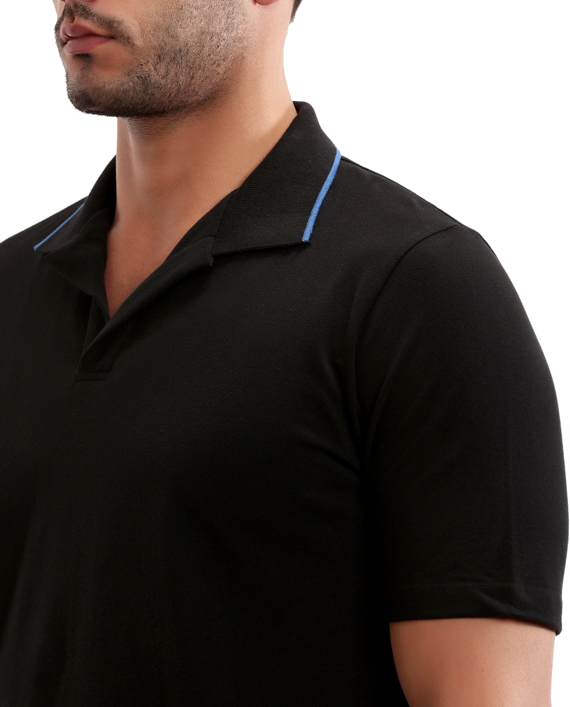 Charcoal Black Johnny Collar Pique Polo with Prussian Blue Collar Piping