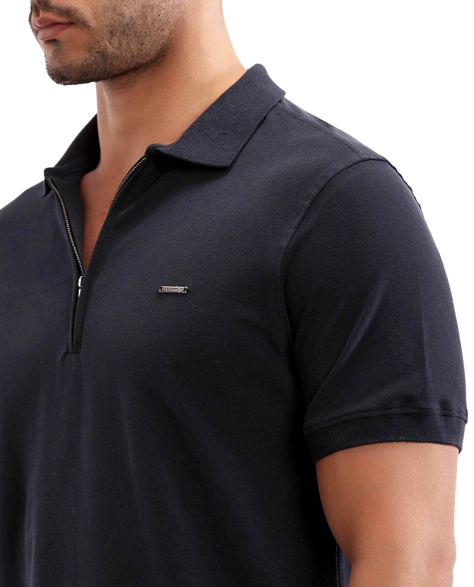Midnight Navy Blue Pique Polo with 7C Metal Zip, Metal Badge