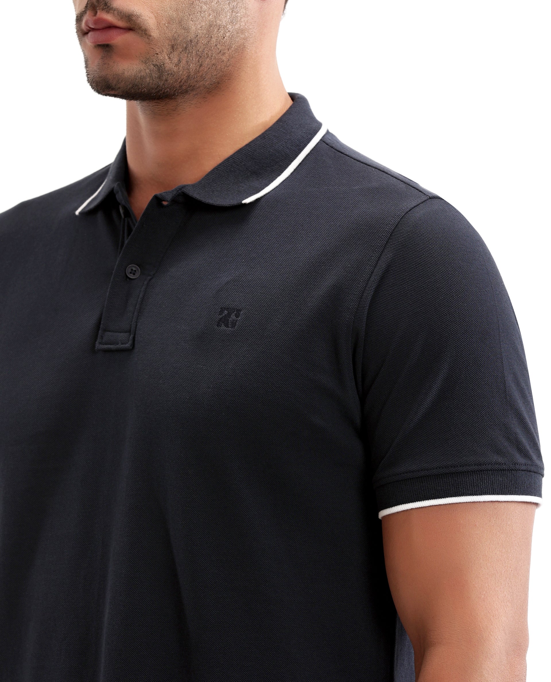 Midnight Navy Blue Pique Polo with White Collar Piping, Tone-on-Tone 7C Embroidery