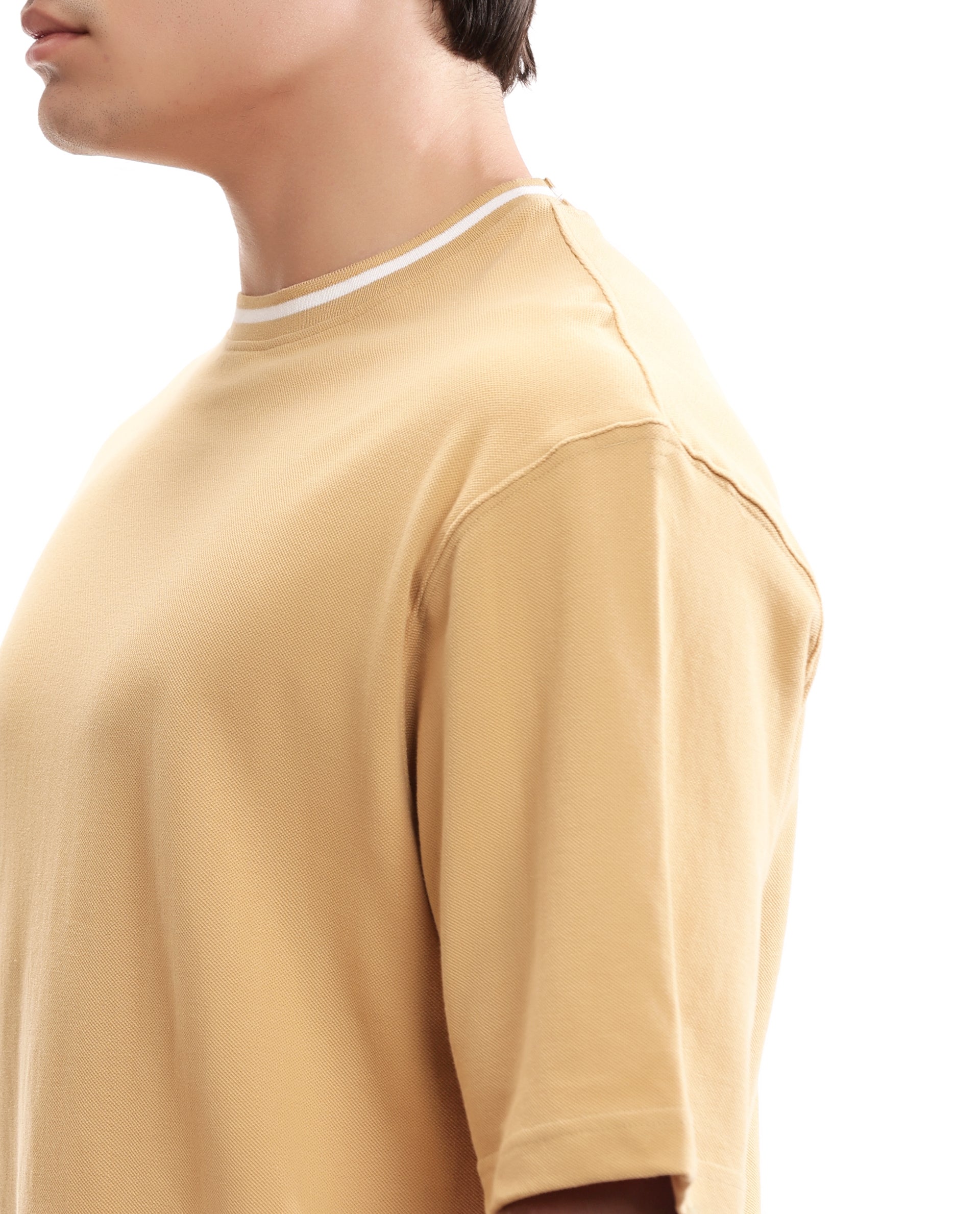 Camel Beige Pique Crew Neck Oversized T-Shirt with Pure White Piping