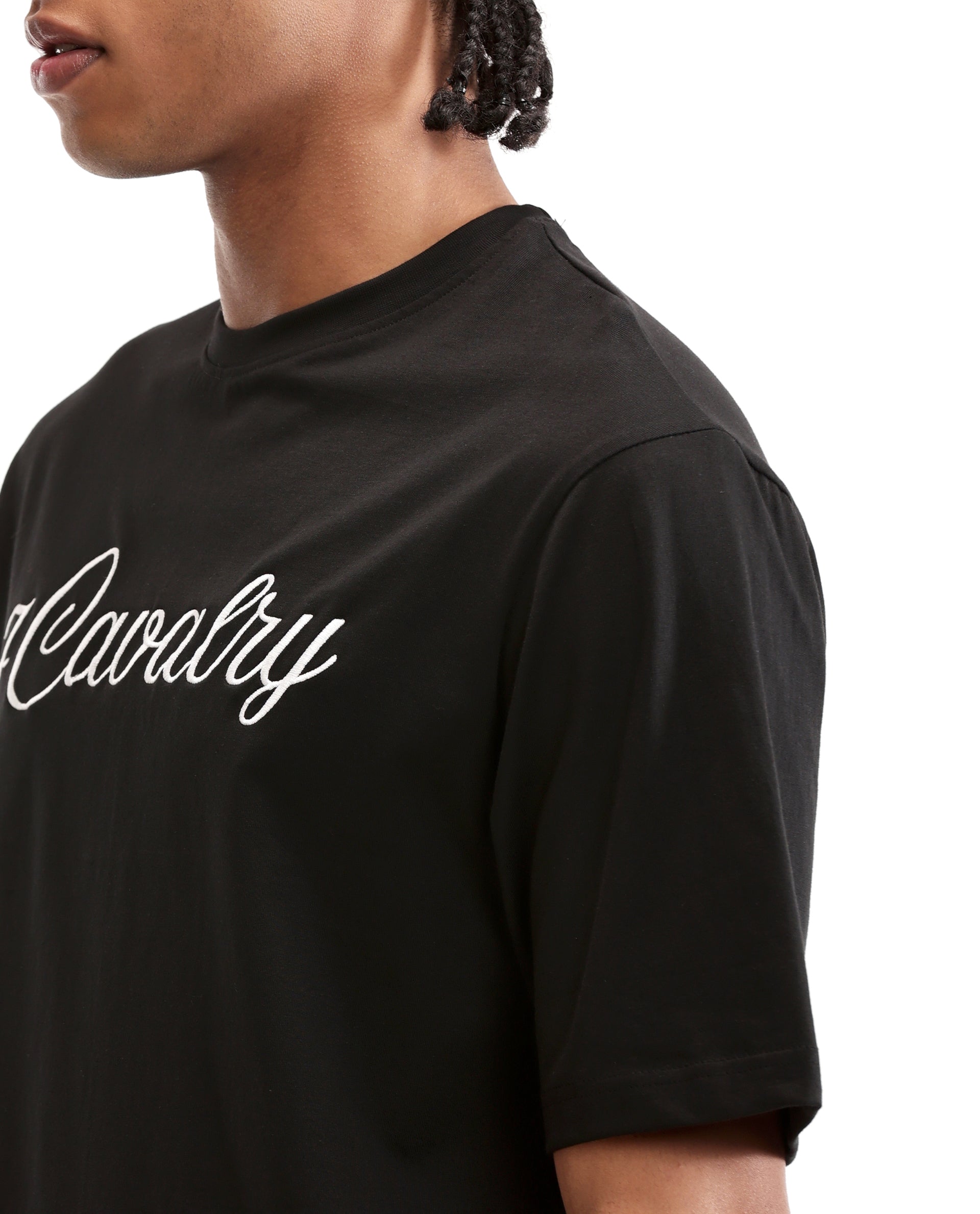 Charcoal Black Single Jersey Crew Neck Oversized T-Shirt with Pure White Embroidery