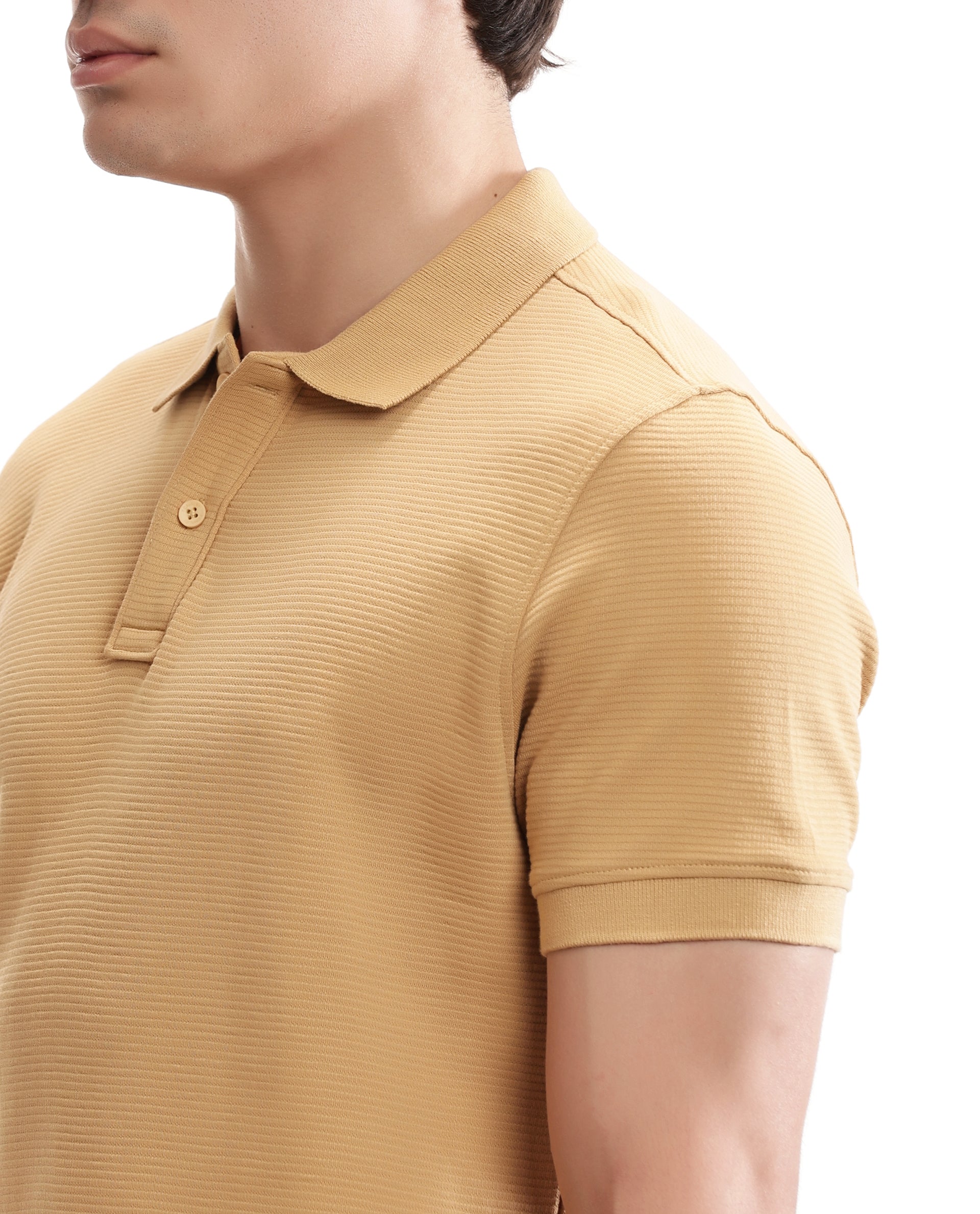 Camel Beige Knitted Ottoman Polo with Ribbed Collar