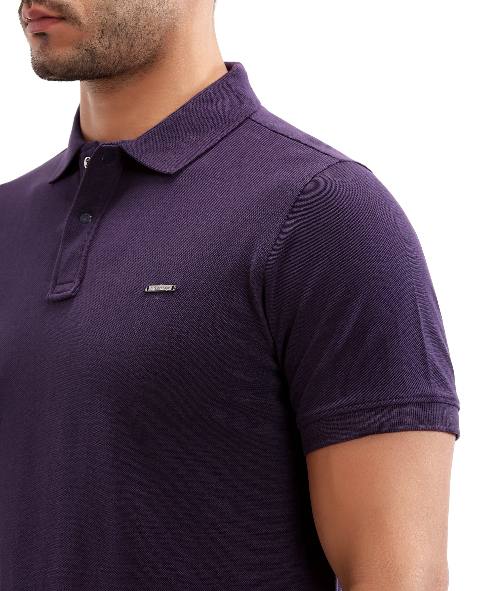 Deep Purple Pique Polo with 7C Snap Buttons, Metal Badge