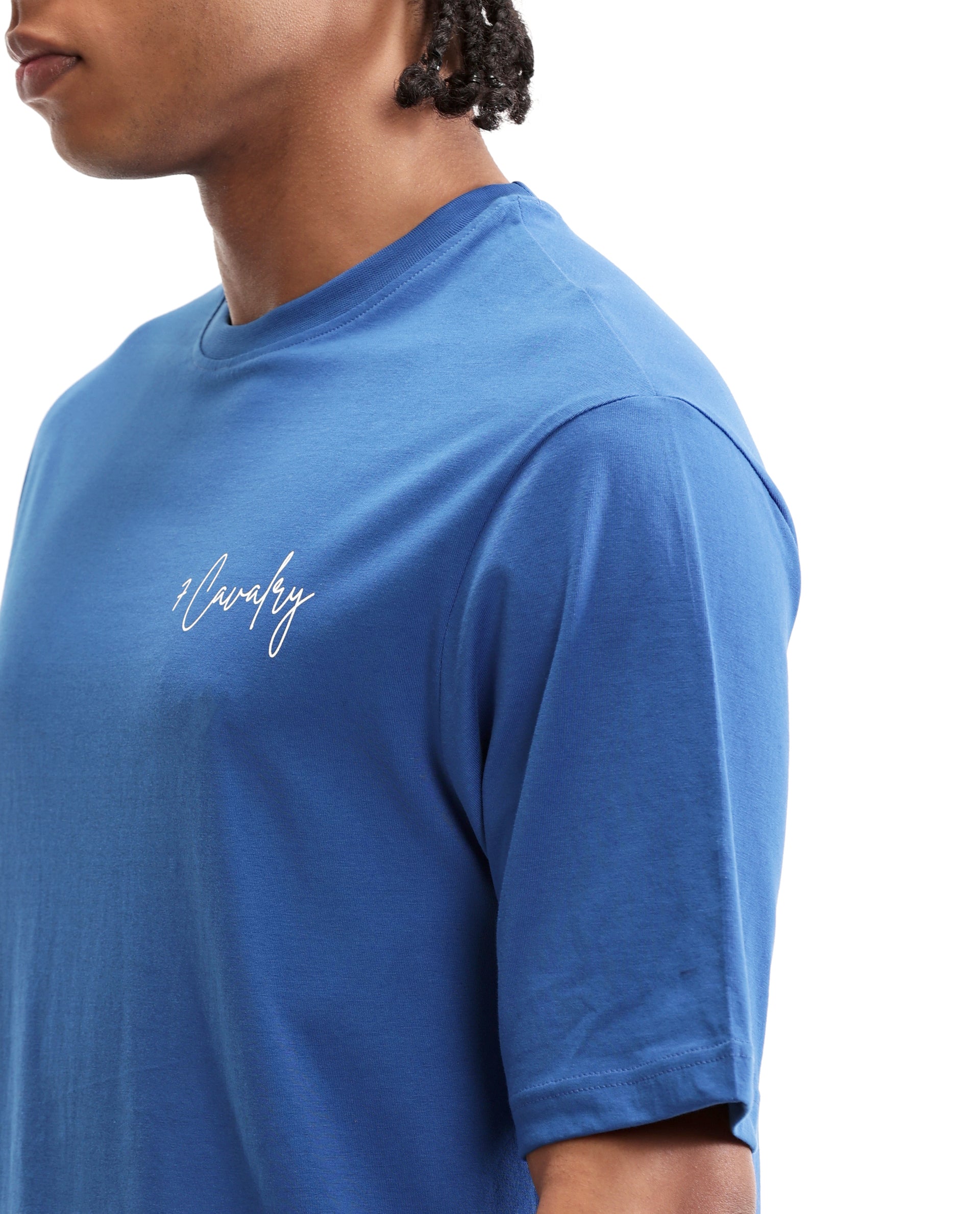 Imperial Prussian Blue Single Jersey Crew Neck Oversized T-Shirt with Pure White Non-PVC Print