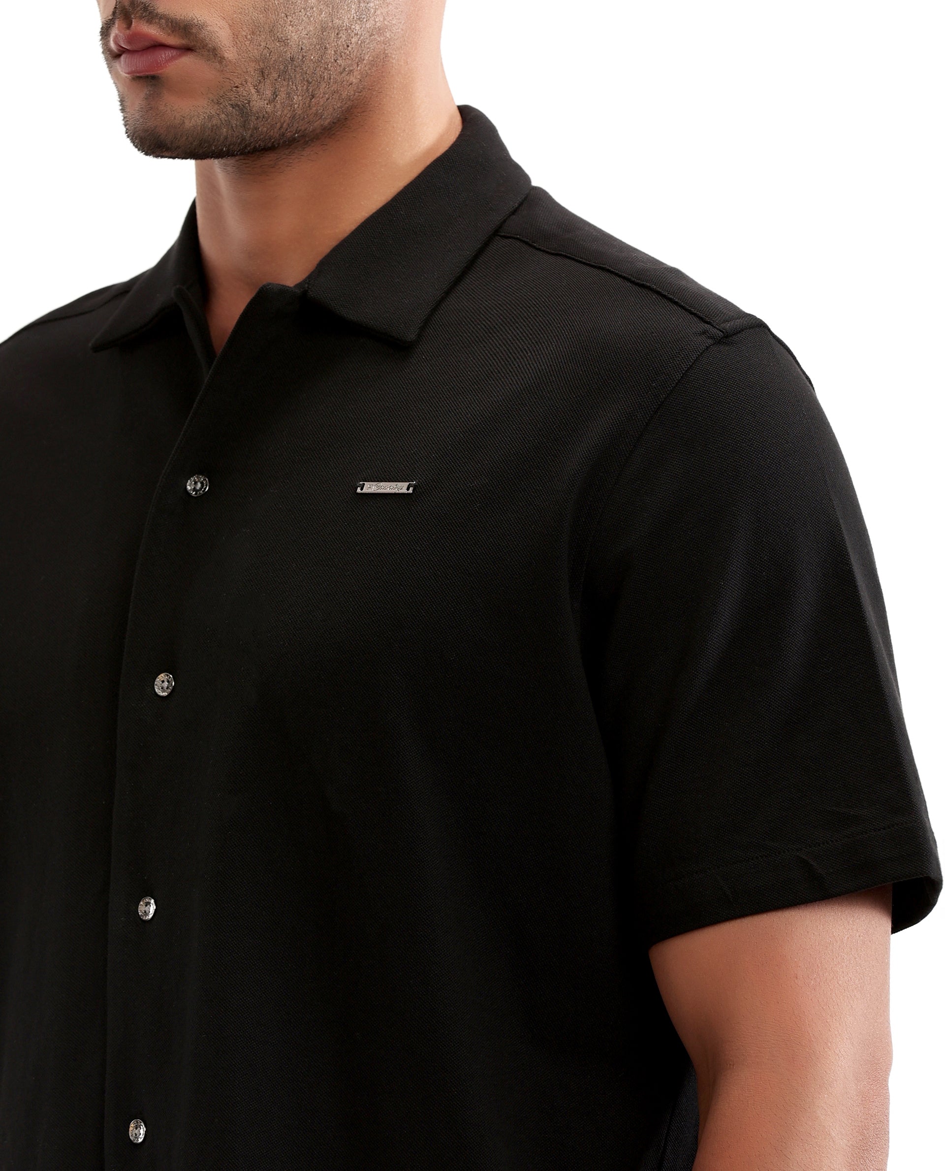 Charcoal Black Pique Knit Shirt with 7C Metal Buttons, Gun Metal Badge