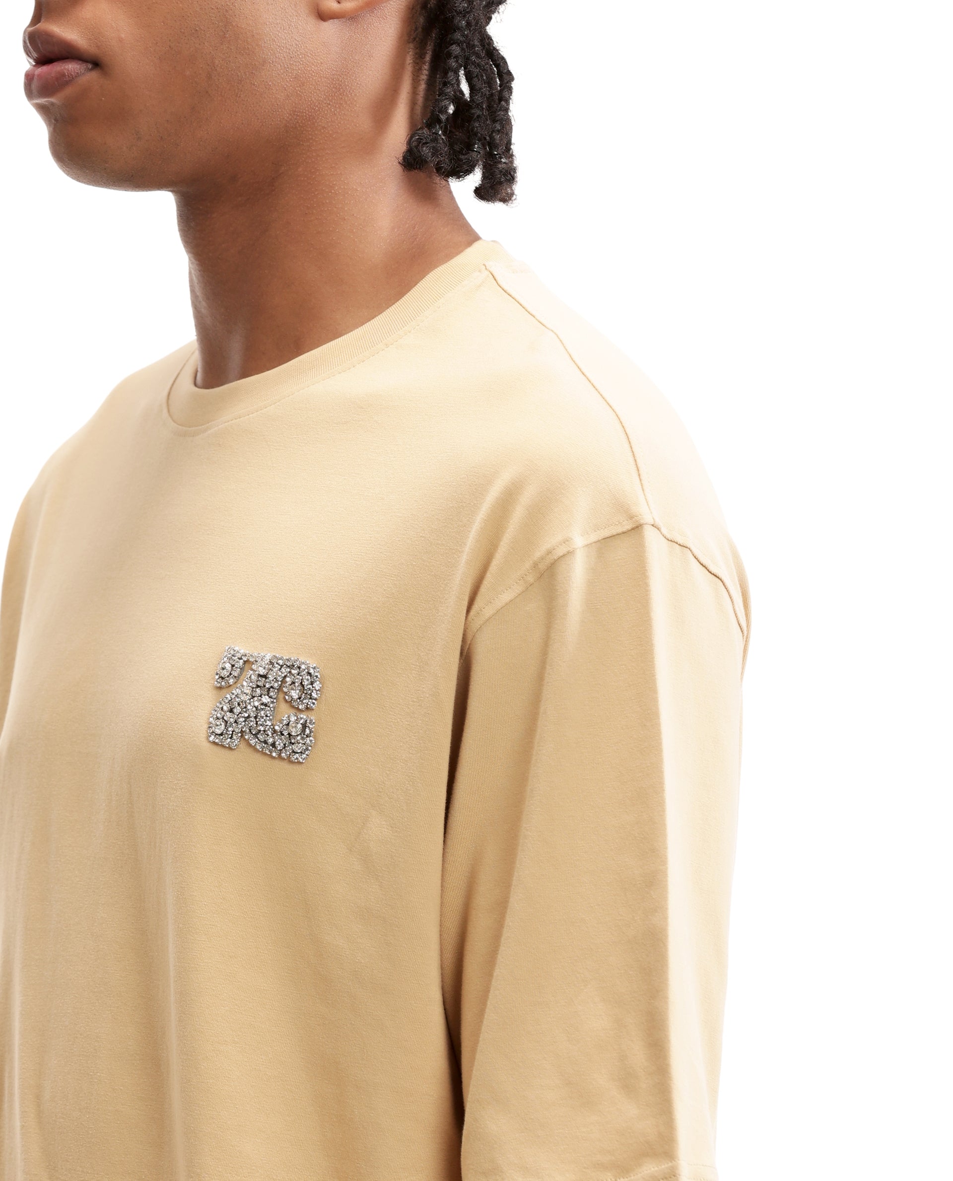 Camel Beige Single Jersey Crew Neck Oversized T-Shirt with Crystal Finish Rhinestones