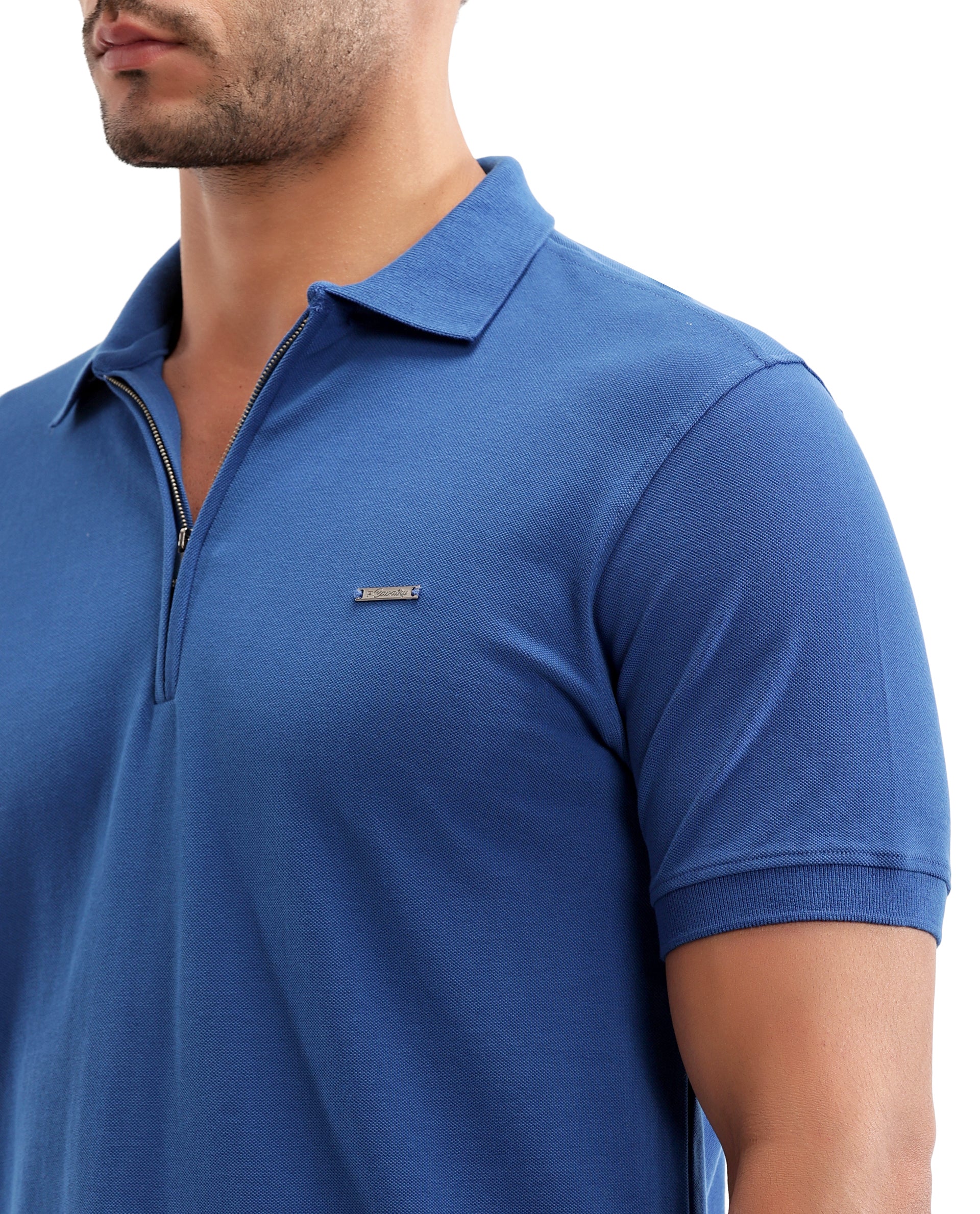 Imperial Prussian Blue Pique Polo with 7C Metal Zip, Metal Badge