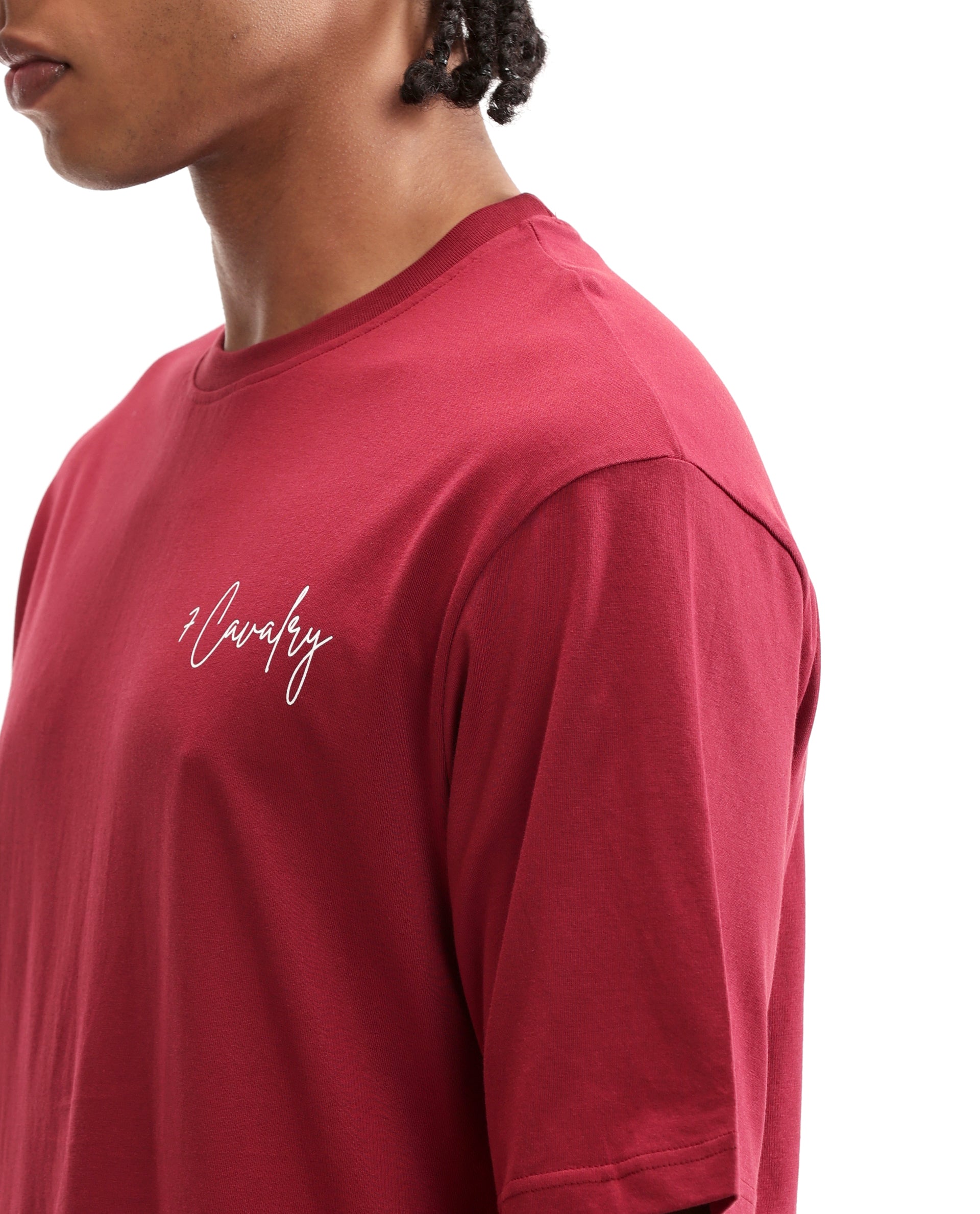Bordeaux Maroon Single Jersey Crew Neck Oversized T-Shirt with Pure White Non-PVC Print