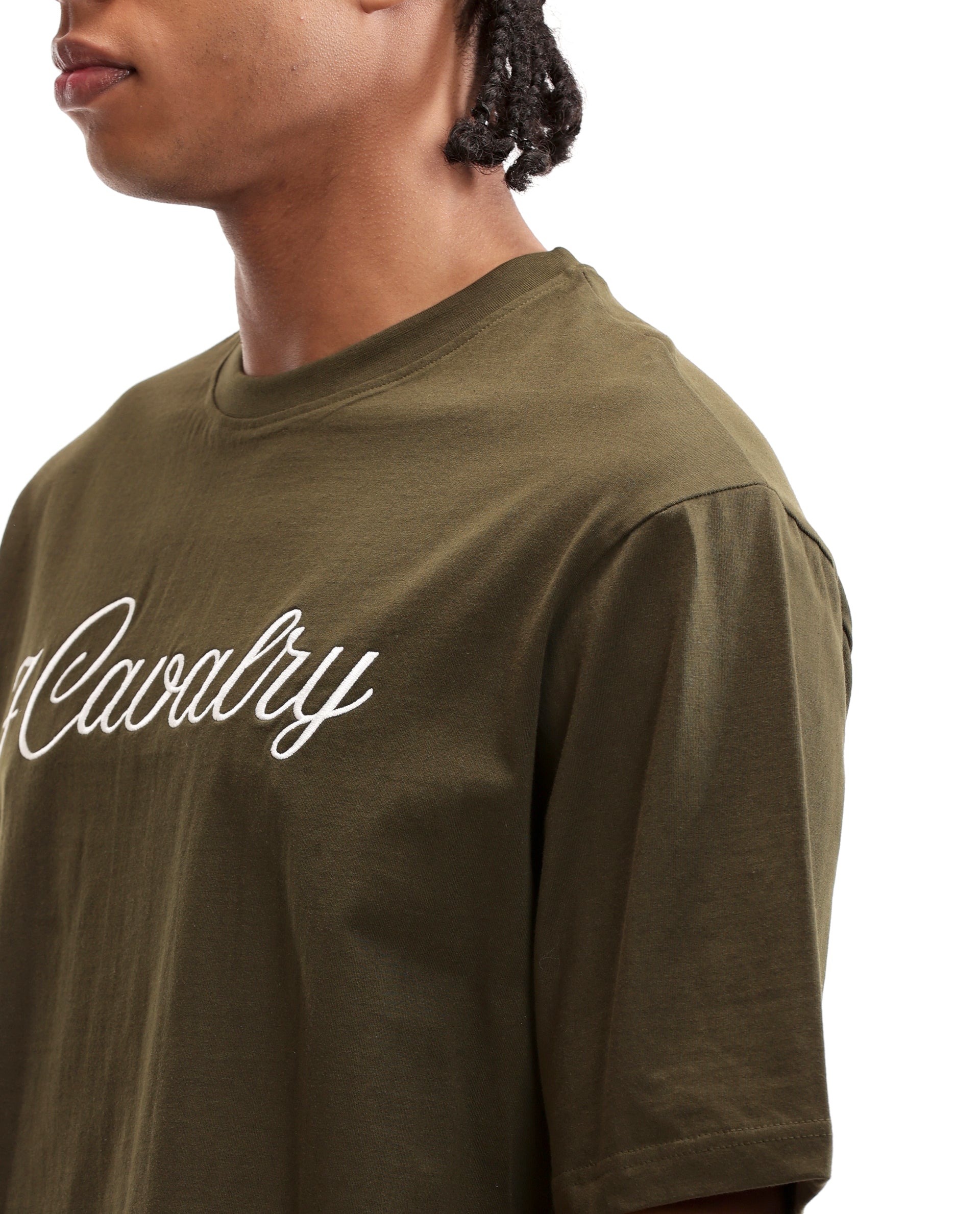 Vintage Olive Single Jersey Crew Neck Oversized T-Shirt with Pure White Embroidery