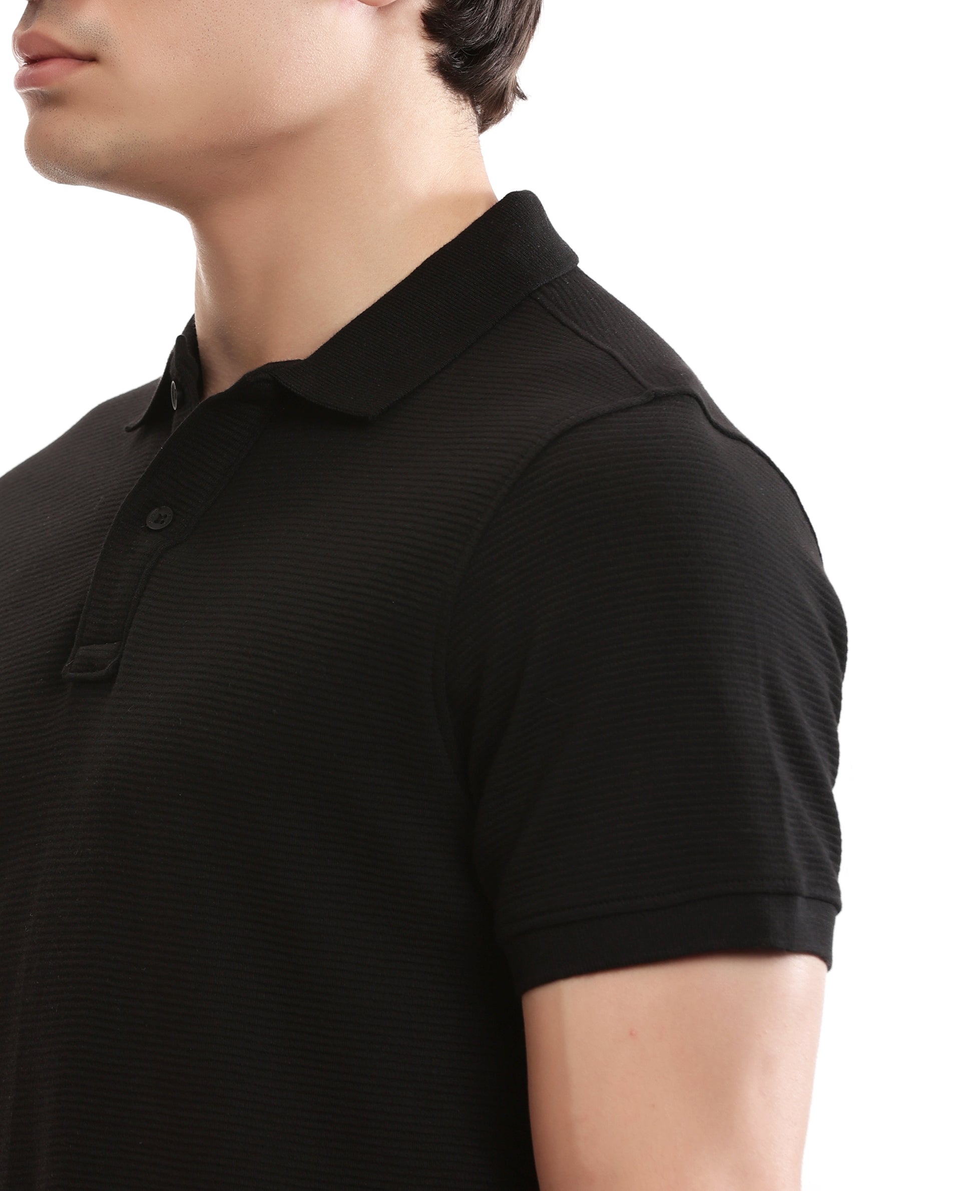Charcoal Black Knitted Ottoman Polo with Ribbed Collar