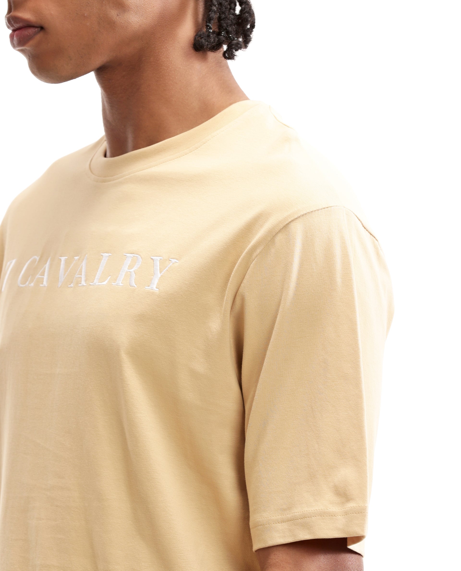Camel Beige Single Jersey Crew Neck Oversized T-Shirt with Pure White Embroidery
