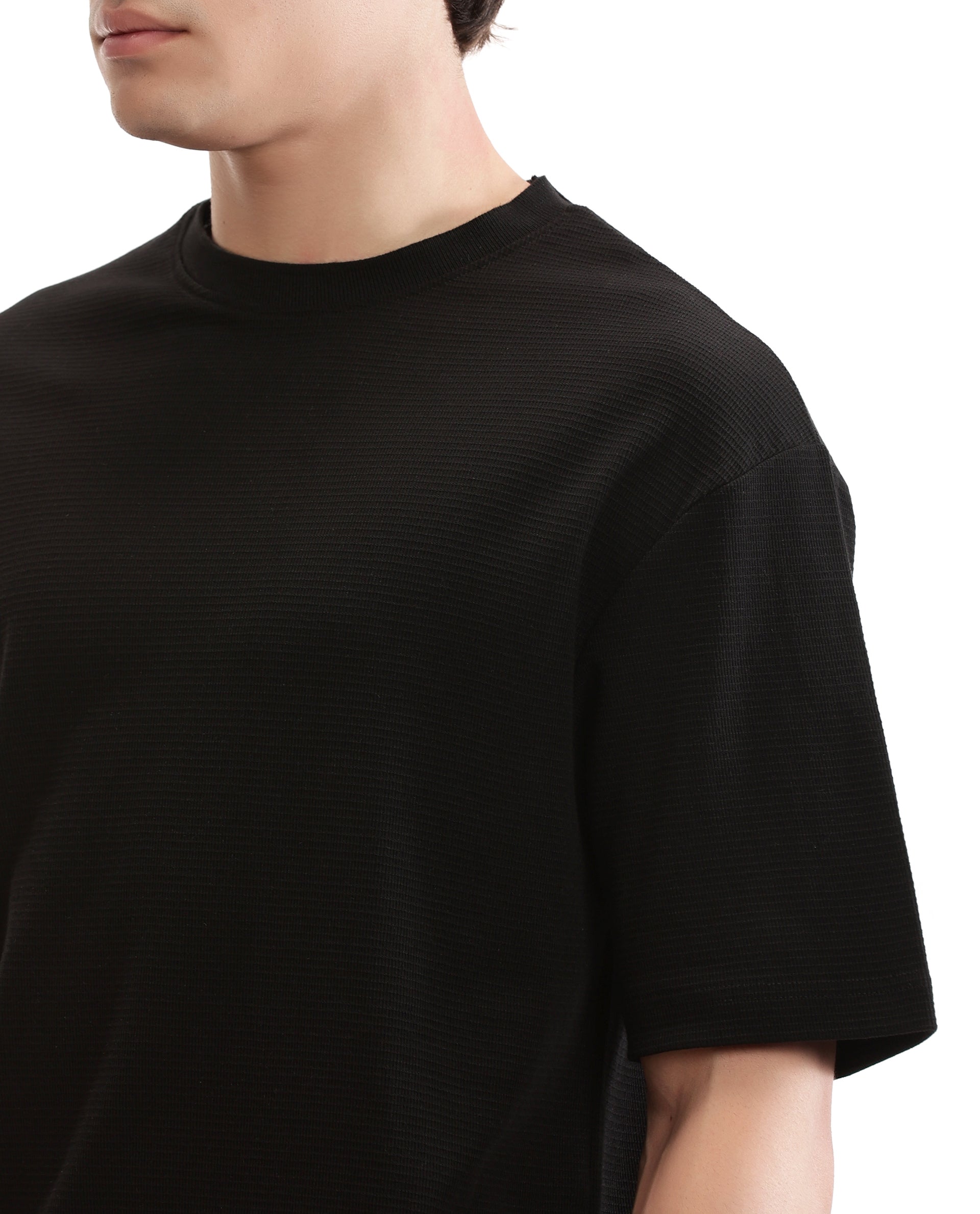 Charcoal Black Knitted Waffle Crew Neck Oversized T-Shirt