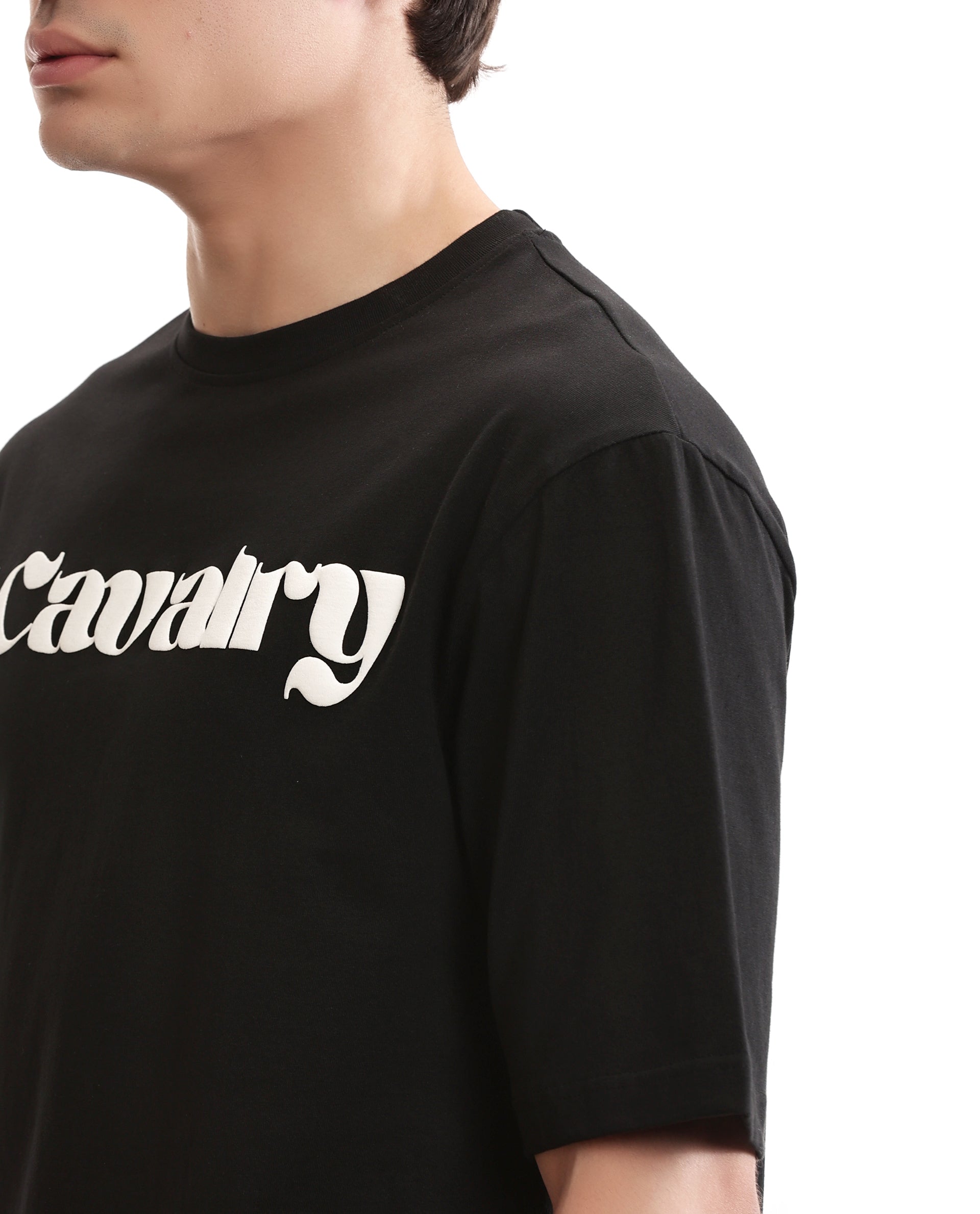 Charcoal Black Single Jersey Crew Neck Oversized T-Shirt with Pure White Puff Print