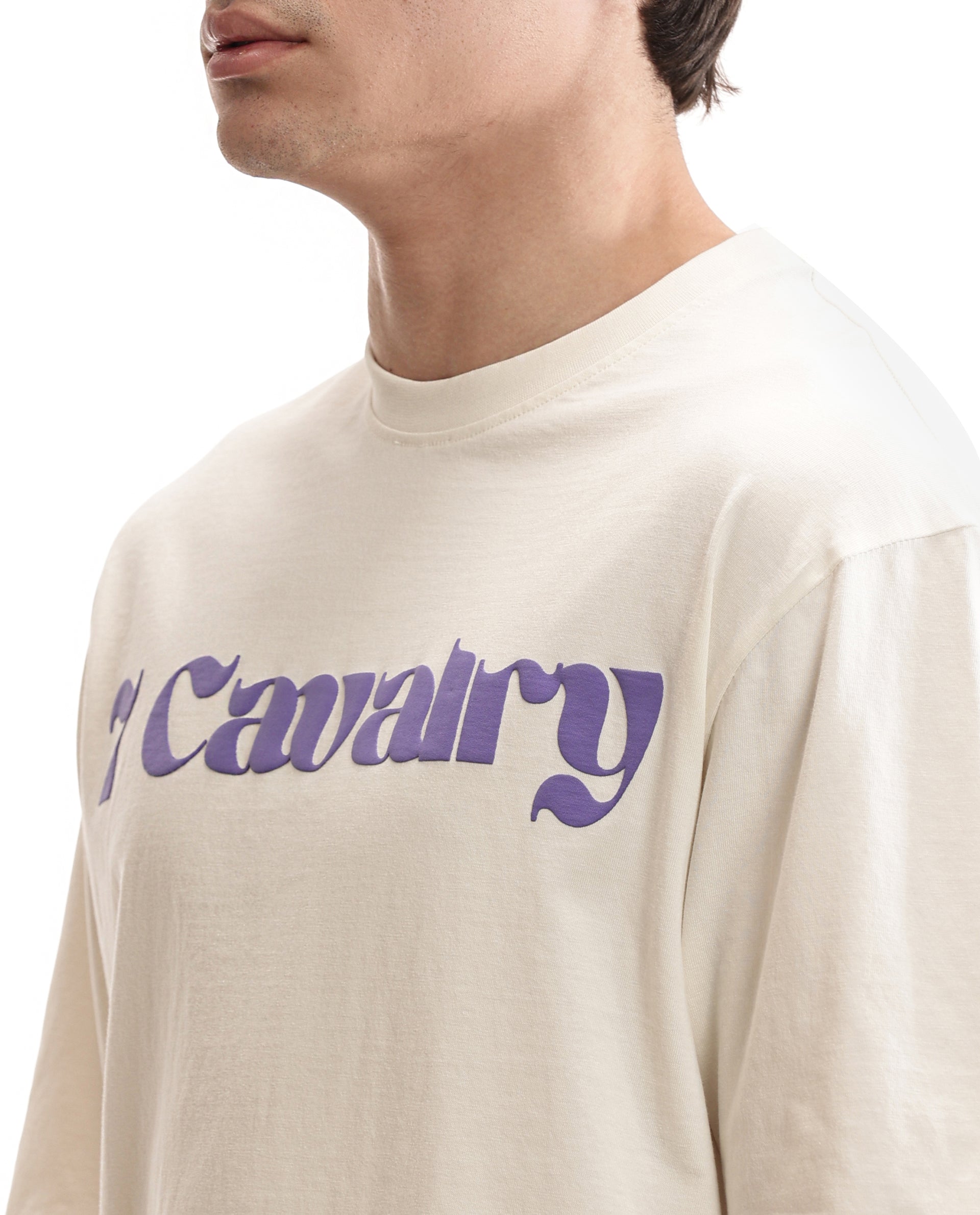Ivory White Single Jersey Crew Neck Oversized T-Shirt with Deep Purple Puff Print