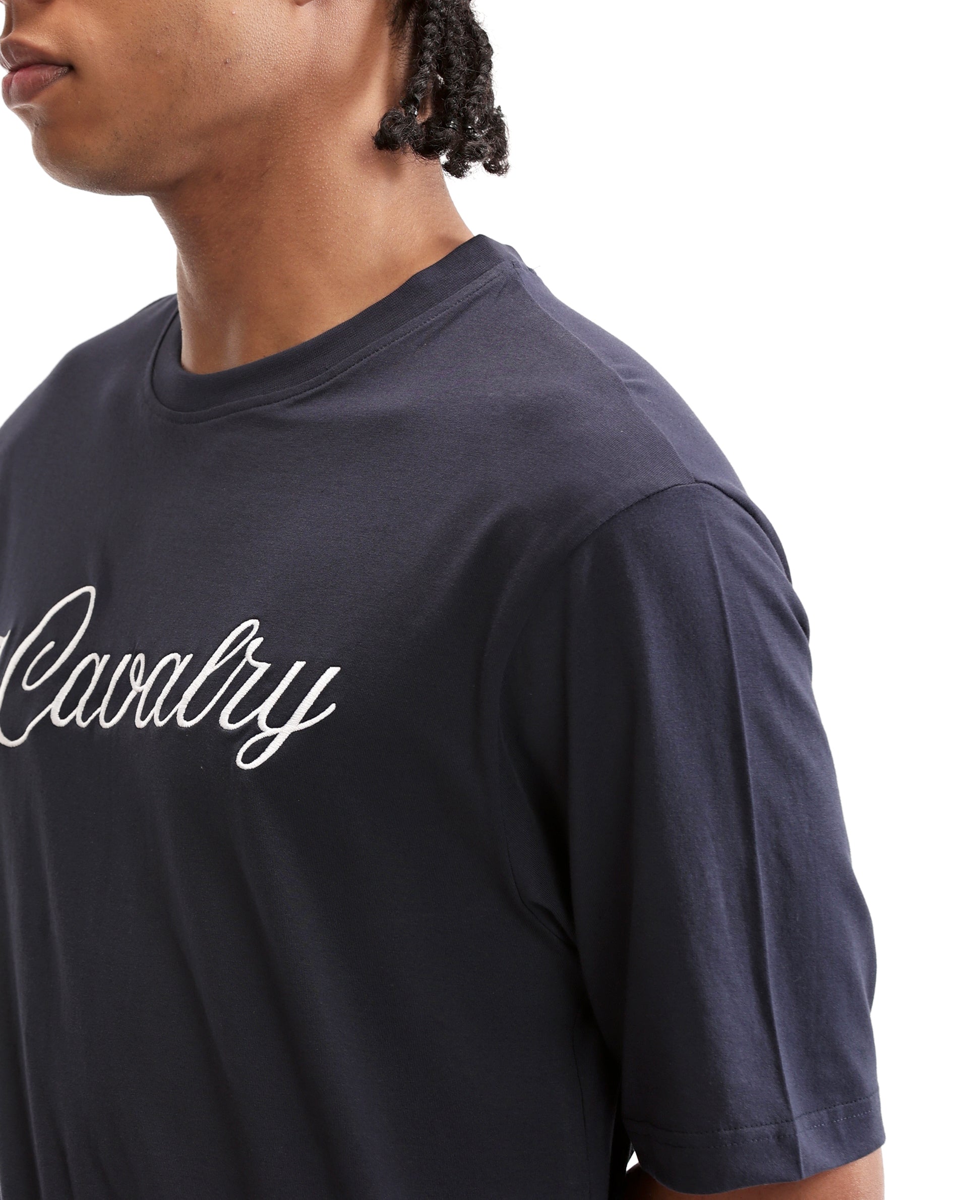 Midnight Navy Blue Single Jersey Crew Neck Oversized T-Shirt with Pure White Embroidery