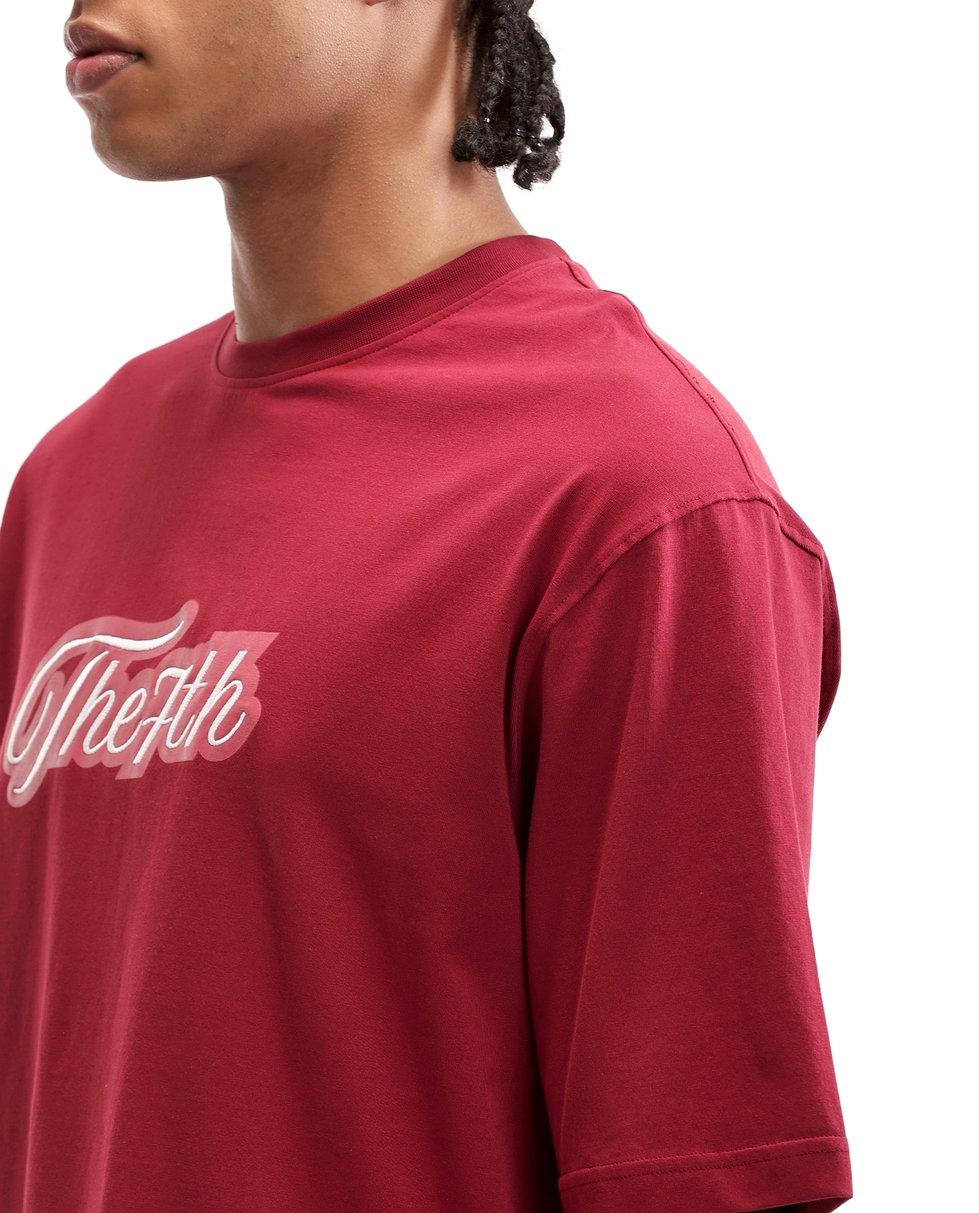 Bordeaux Maroon Single Jersey Crew Neck Oversized T-Shirt with Light Maroon Print & Pure White 7C Embroidery