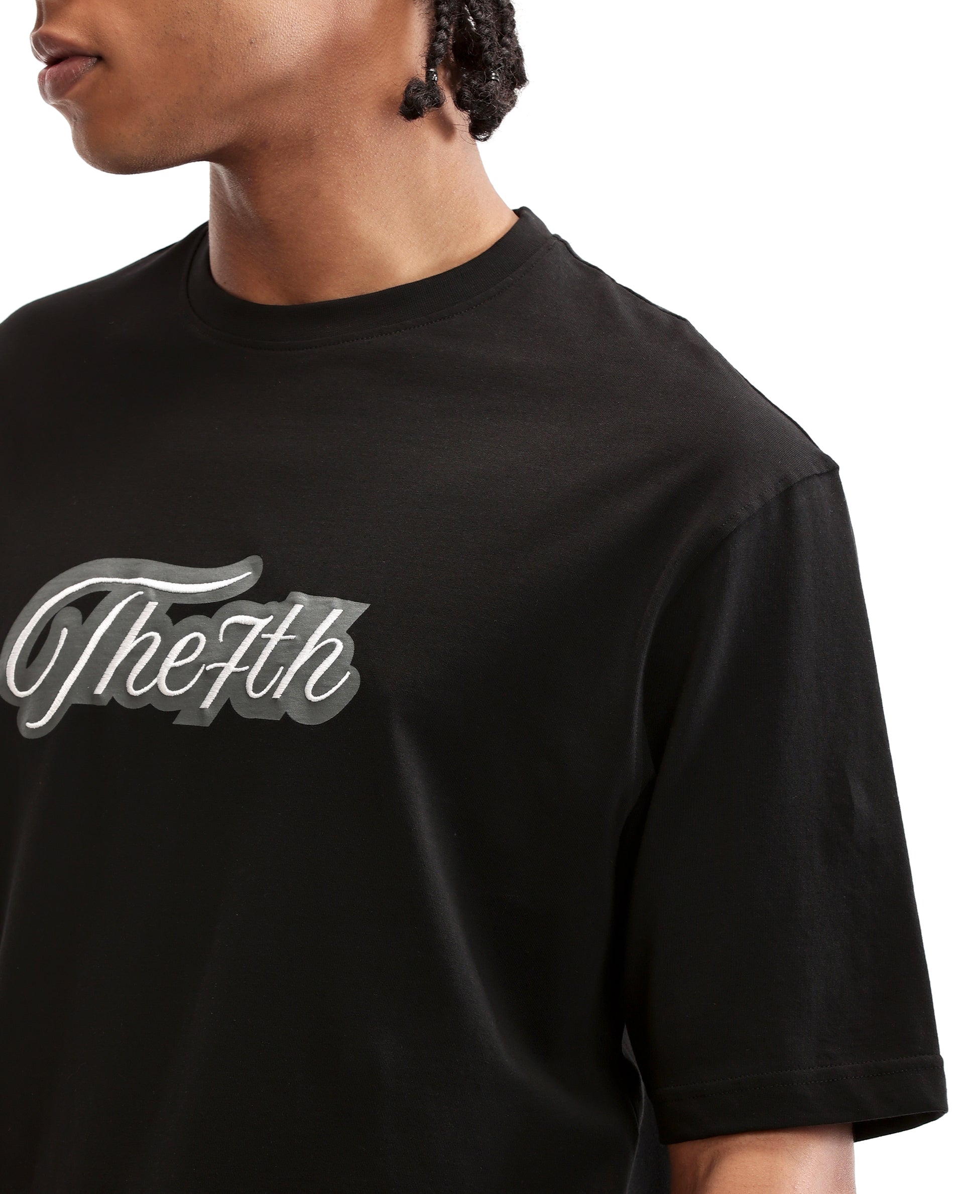 Charcoal Black Single Jersey Crew Neck Oversized T-Shirt with Charcoal Grey Print & Pure White 7C Embroidery