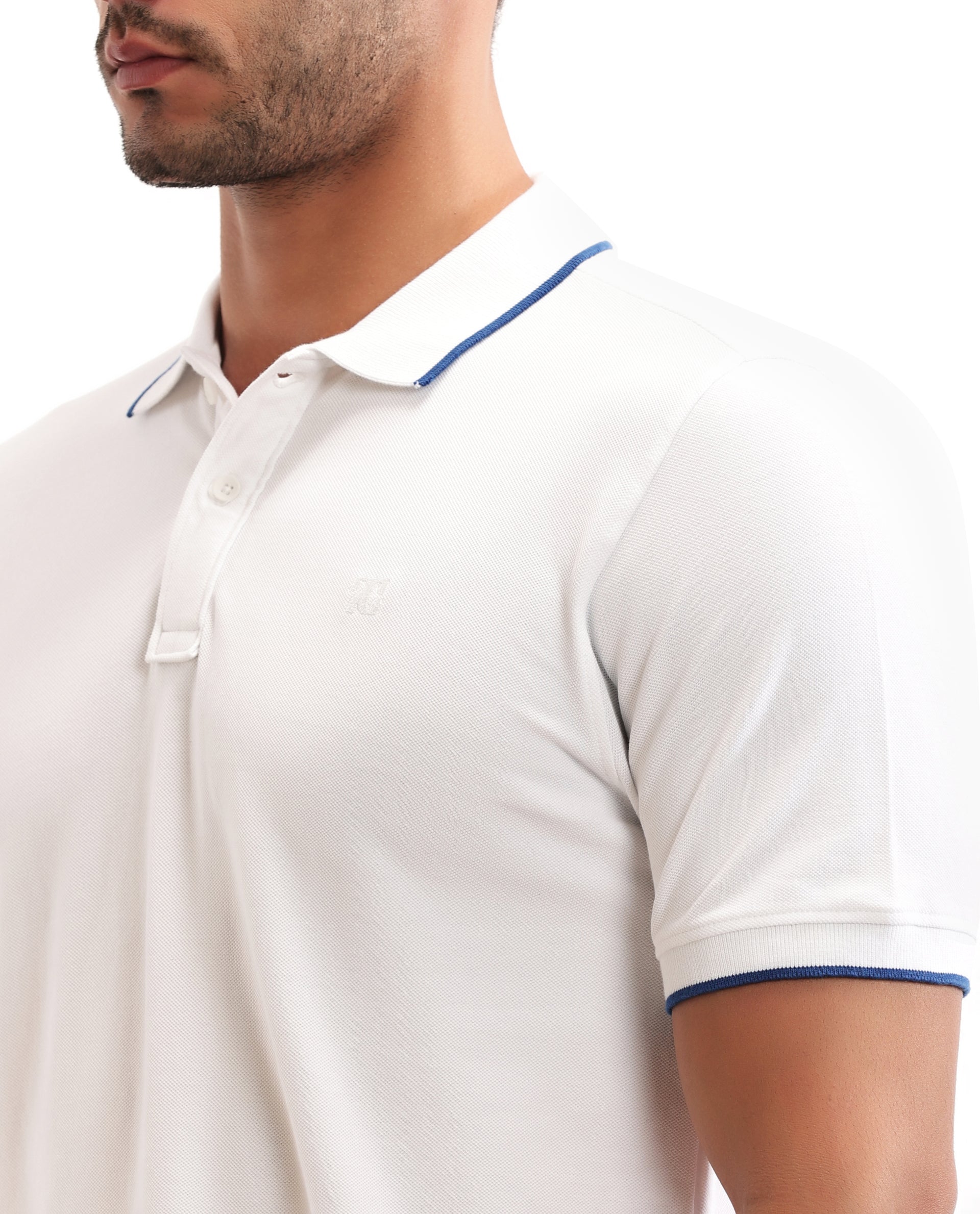 Pure White Pique Polo with Imperial Prussian Blue Collar Piping, Tone-on-Tone 7C Embroidery