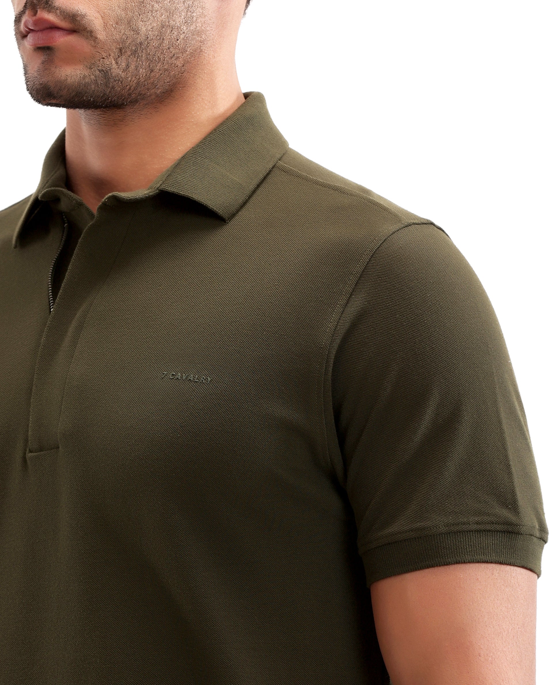 Vintage Olive Pique Polo with Concealed 7C Metal Zip, HD Print