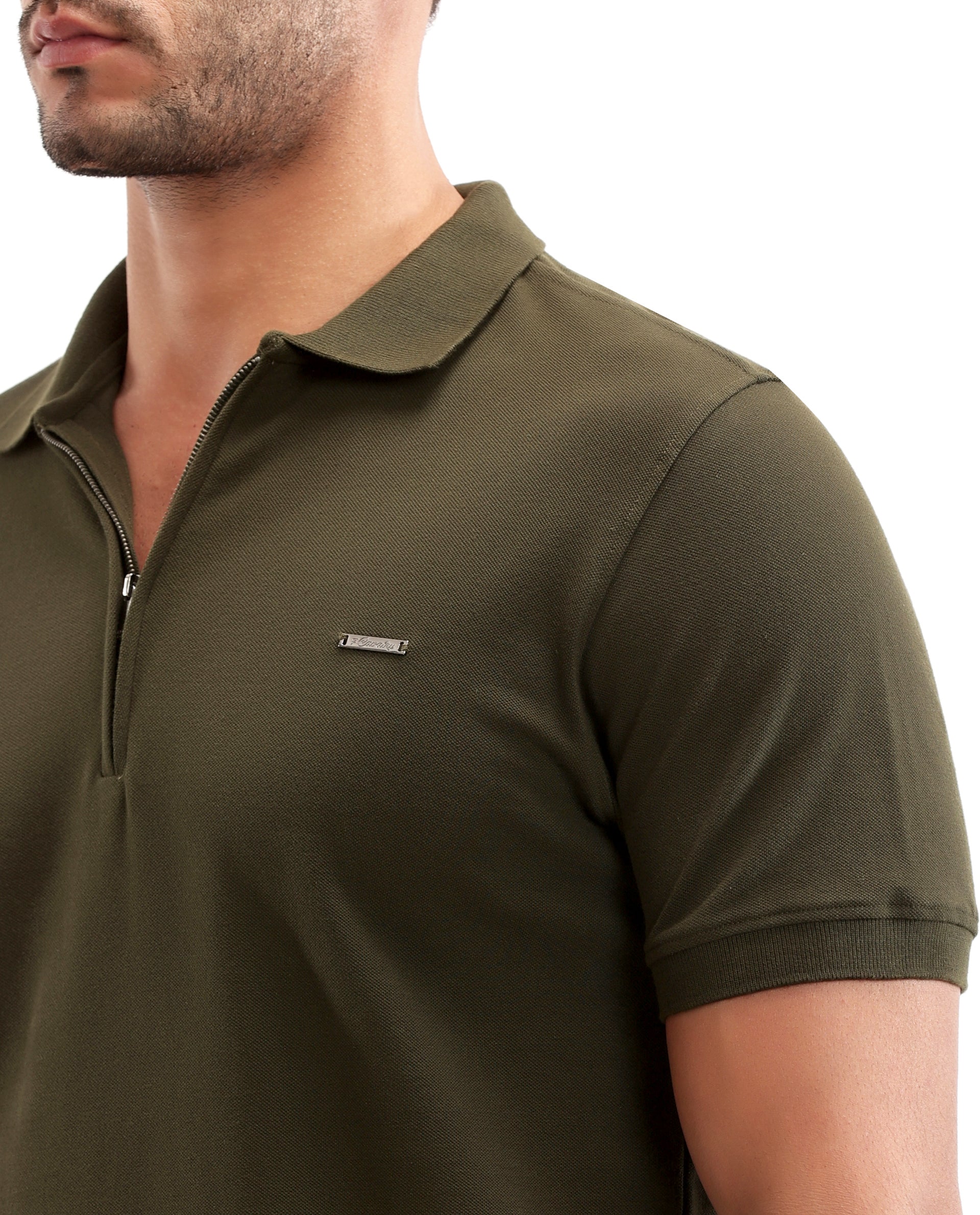 Vintage Olive Pique Polo with 7C Metal Zip, Metal Badge