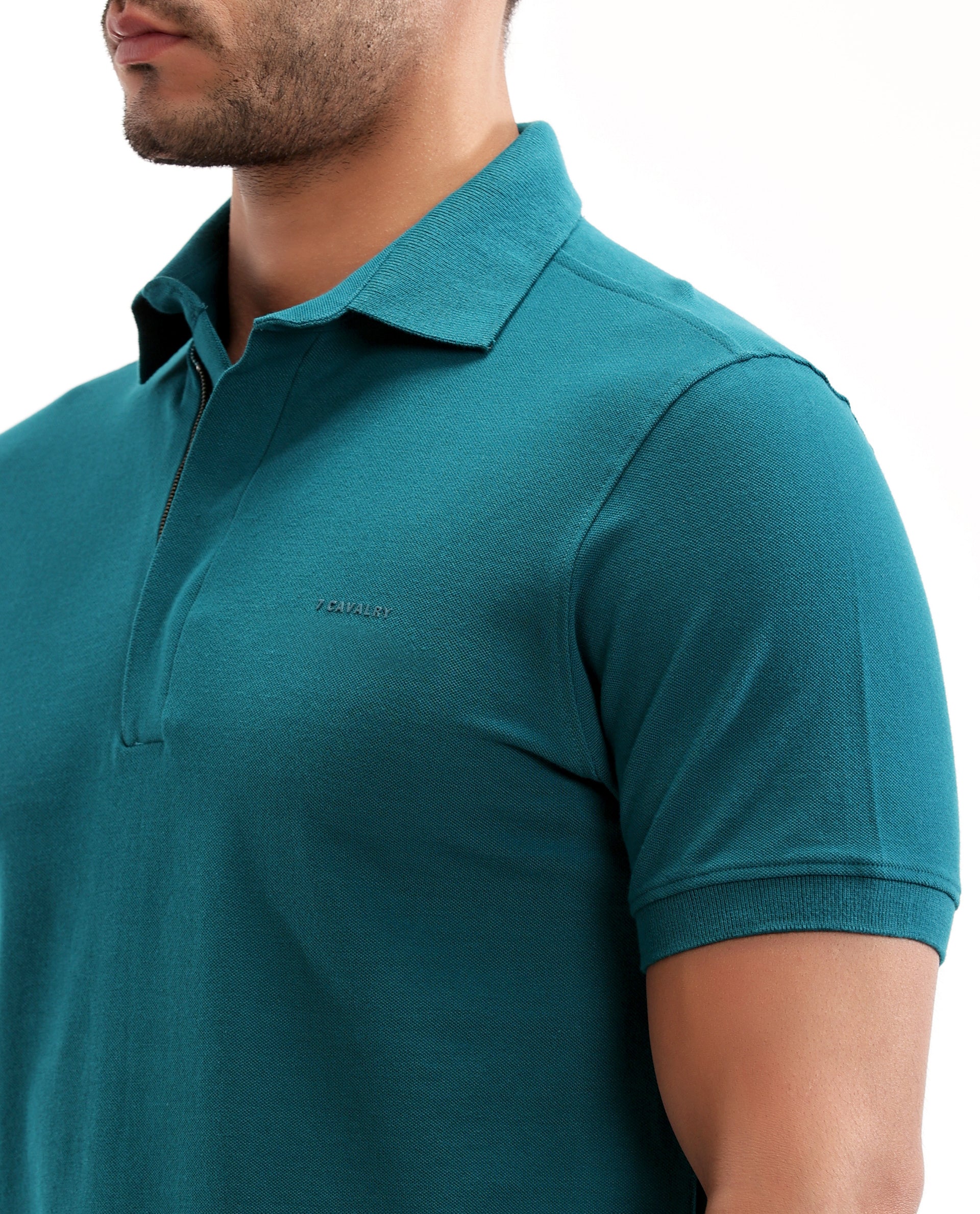 Ocean Teal Pique Polo with Concealed 7C Metal Zip, HD Print