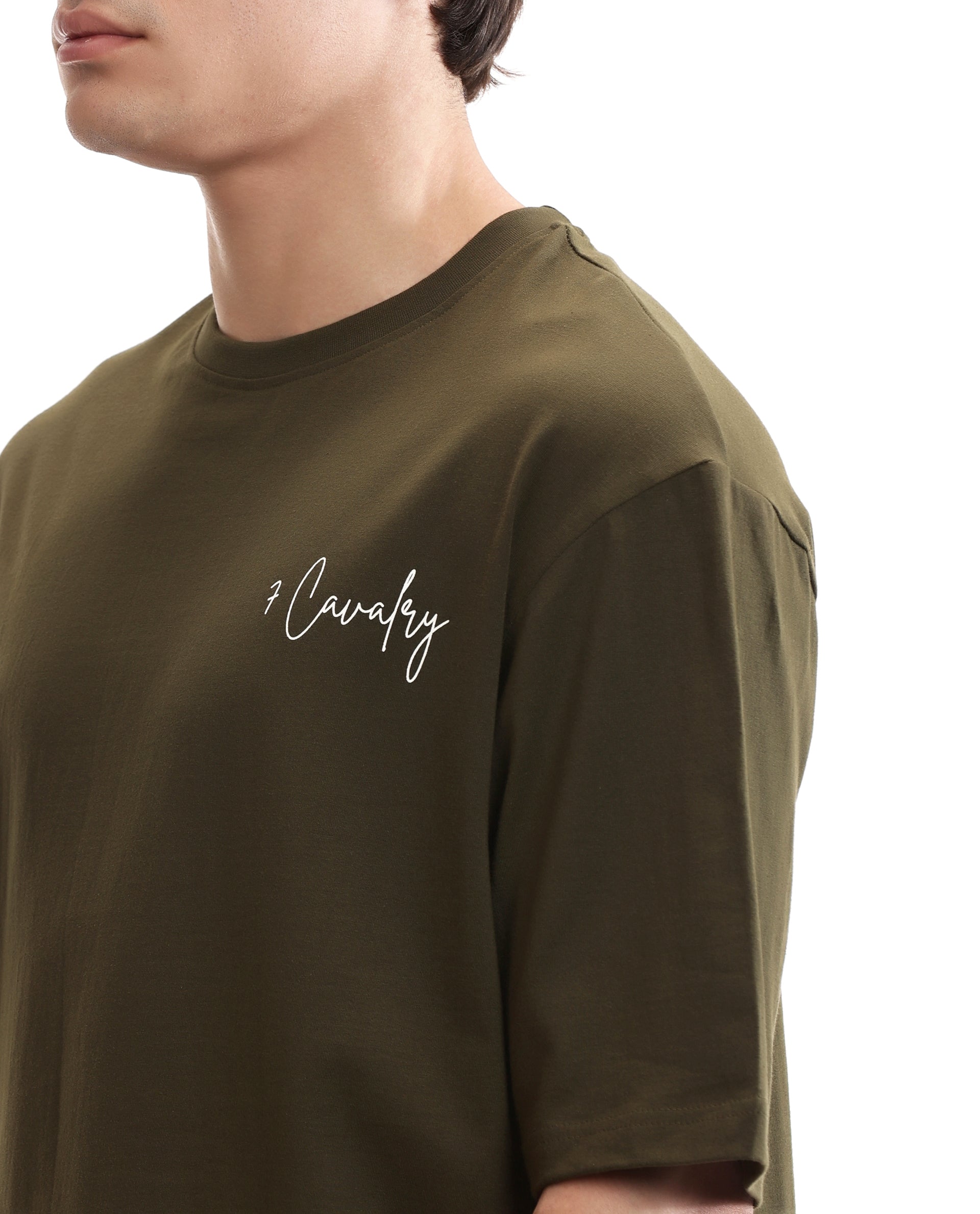 Vintage Olive Single Jersey Crew Neck Oversized T-Shirt with Pure White Non-PVC Print