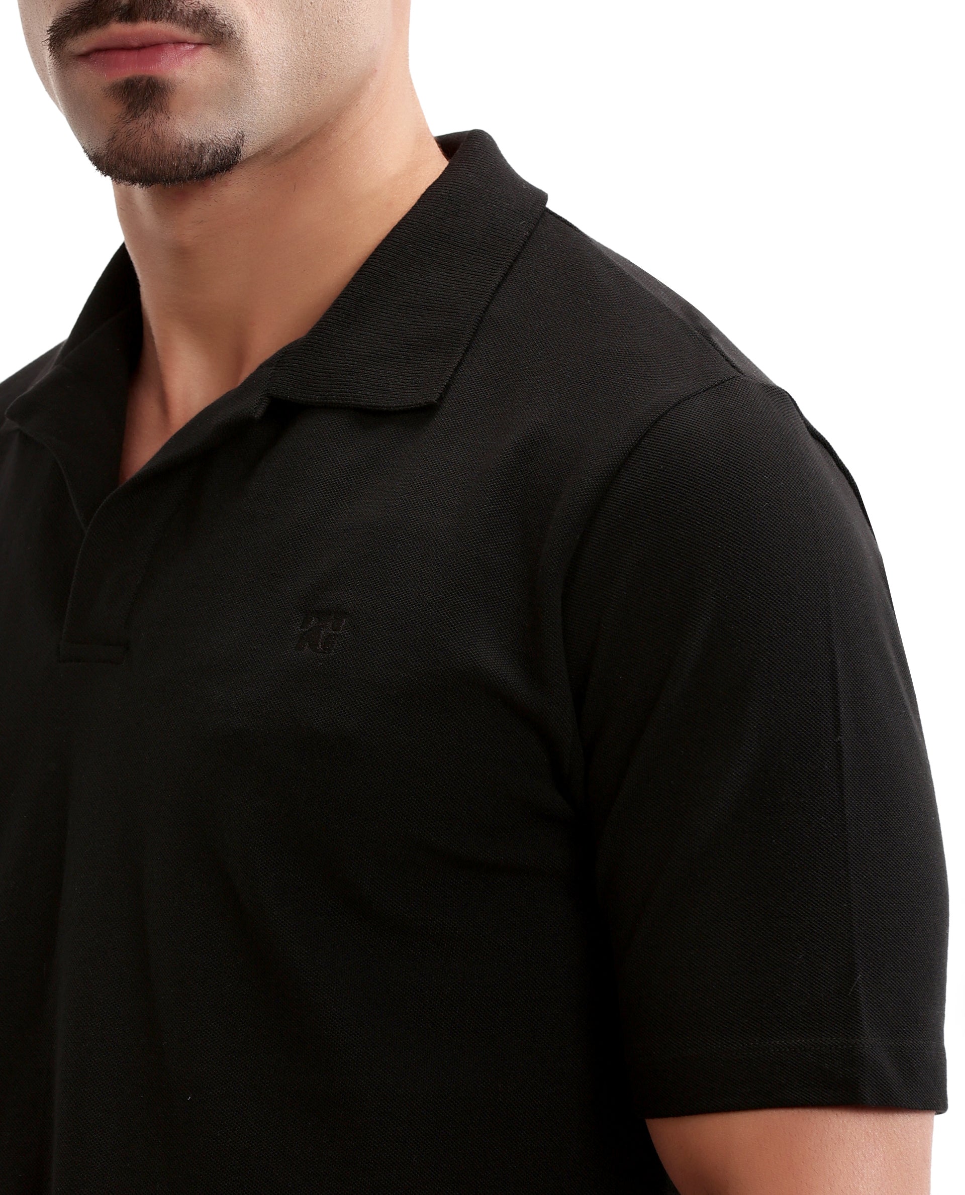 Charcoal Black Johnny Collar Pique Polo with Tone-on-Tone 7C Embroidery