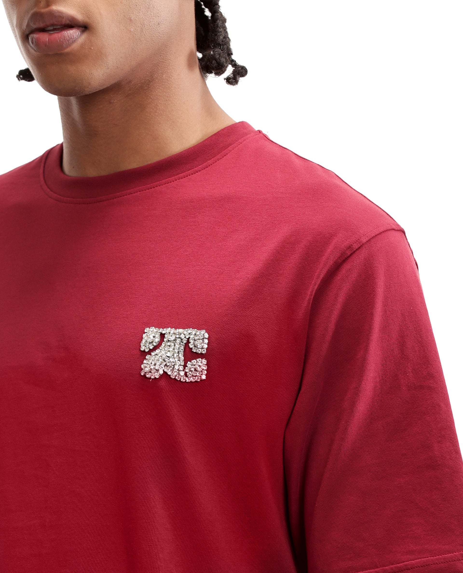 Bordeaux Maroon Single Jersey Crew Neck Oversized T-Shirt with Crystal Finish Rhinestones